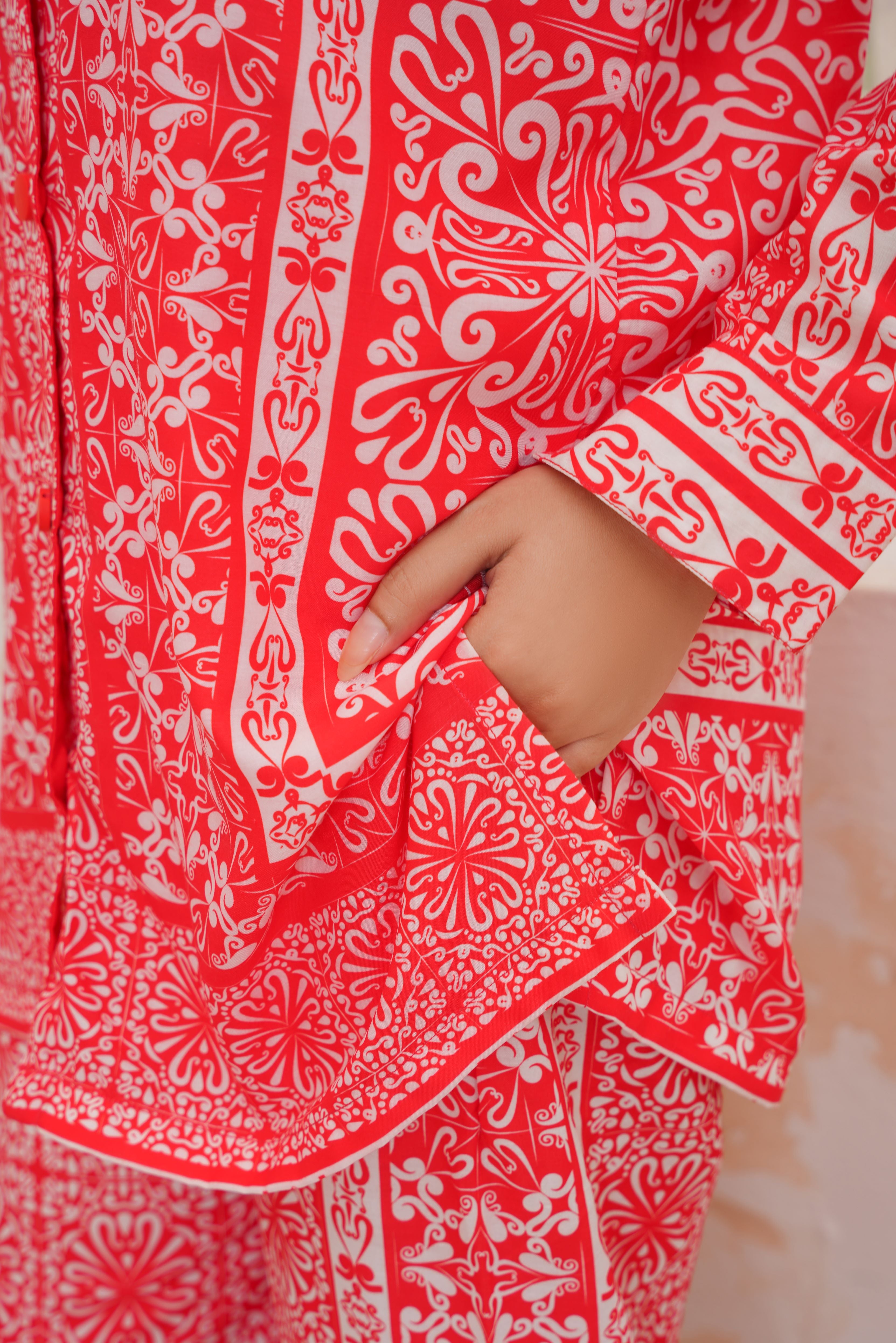 Red Geometrical Ethnic Stitched Print Two-Piece Set -147