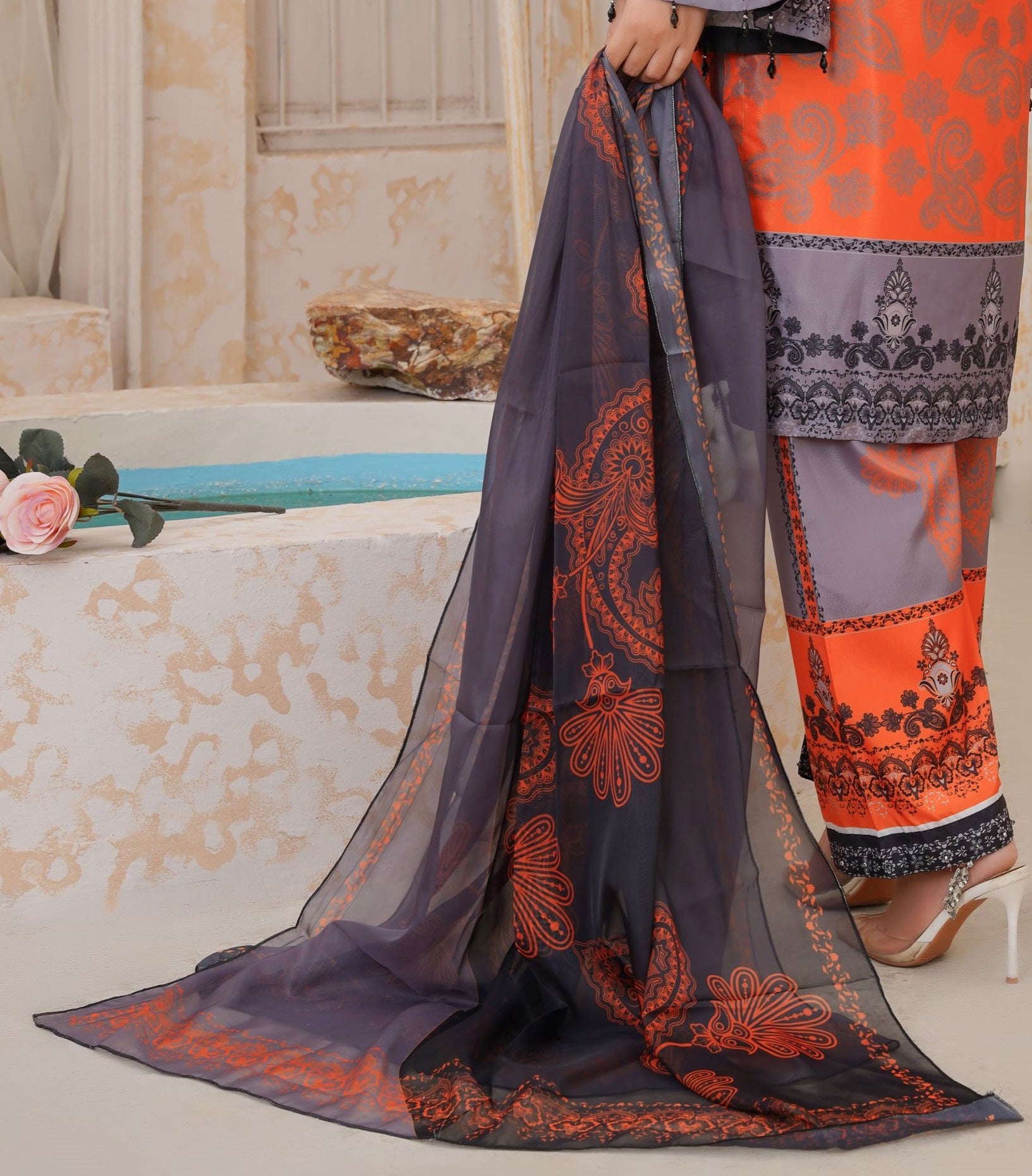 Orange & Grey Printed Dupatta 149
