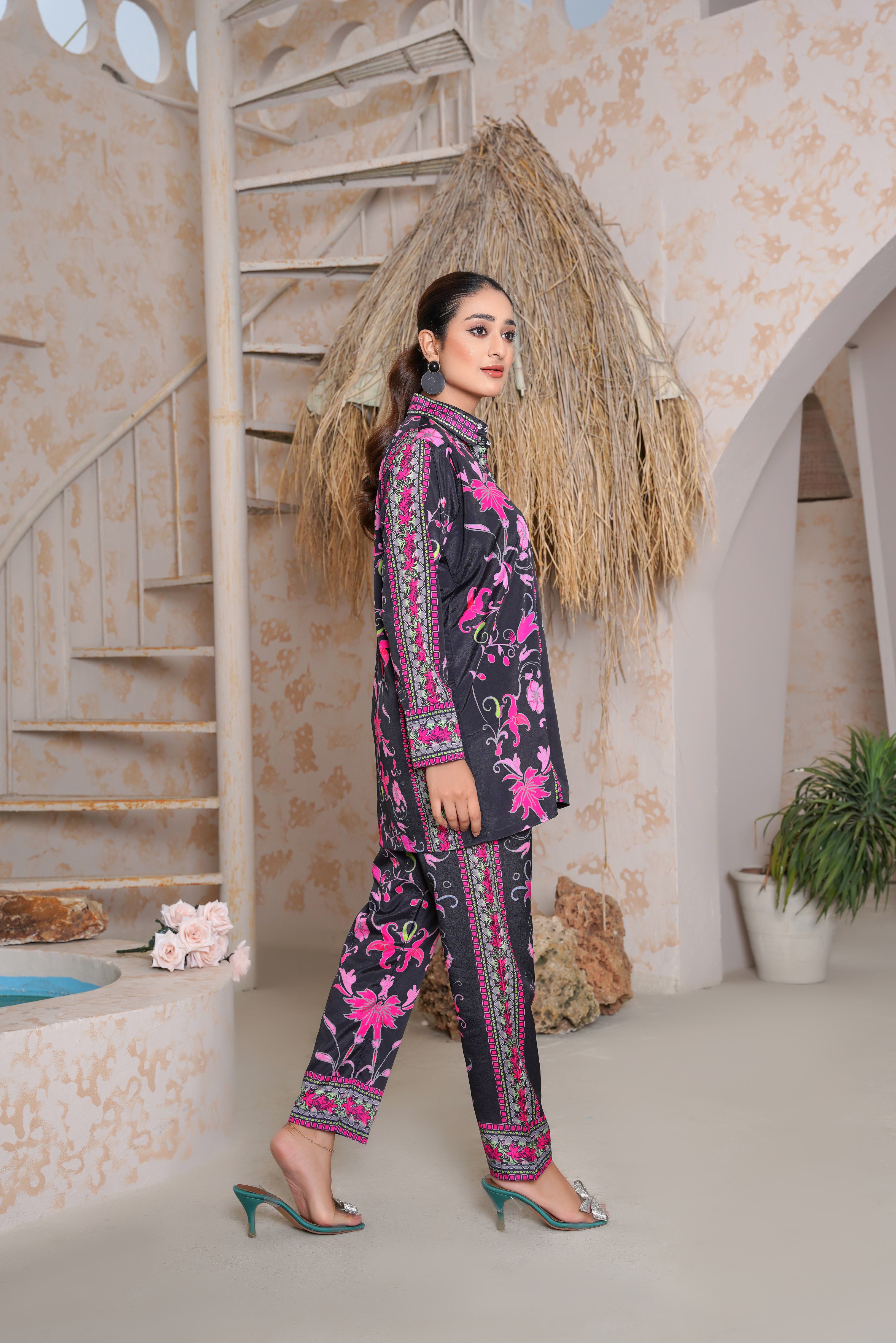 Floral-Printed 2 Piece Stitched Co-ord Set – Purple & Pink Shirt with Trouser -SJ 151