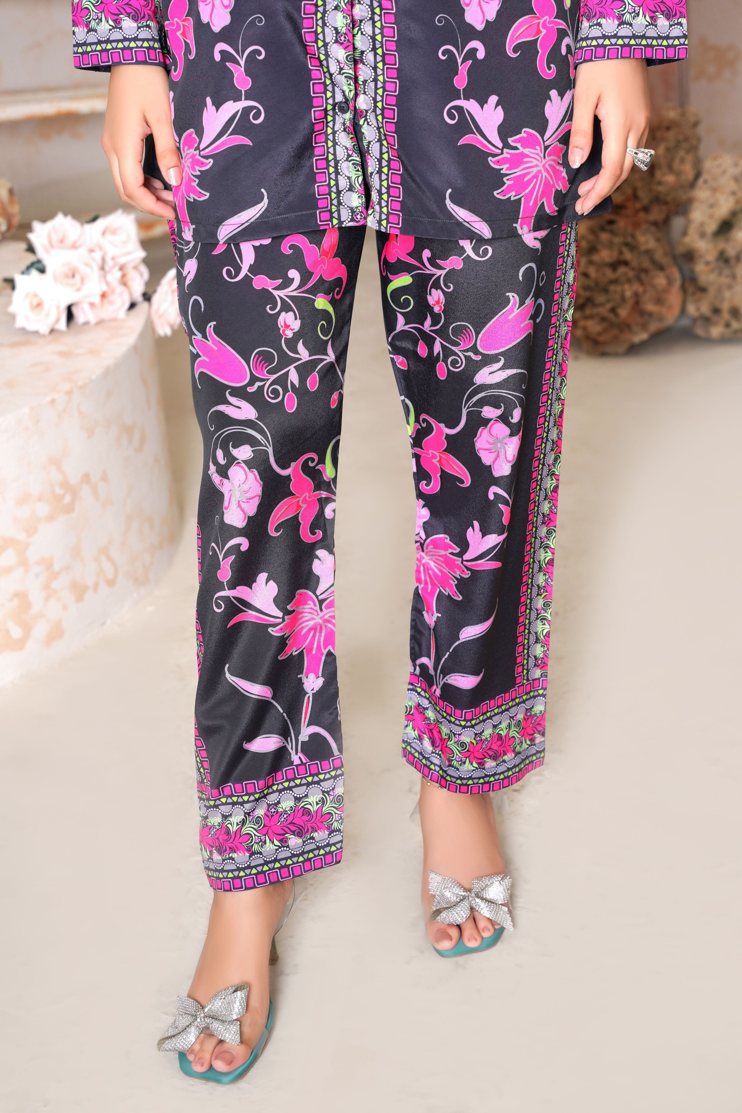 Floral-Printed 2 Piece Stitched Co-ord Set – Purple & Pink Shirt with Trouser -SJ 151