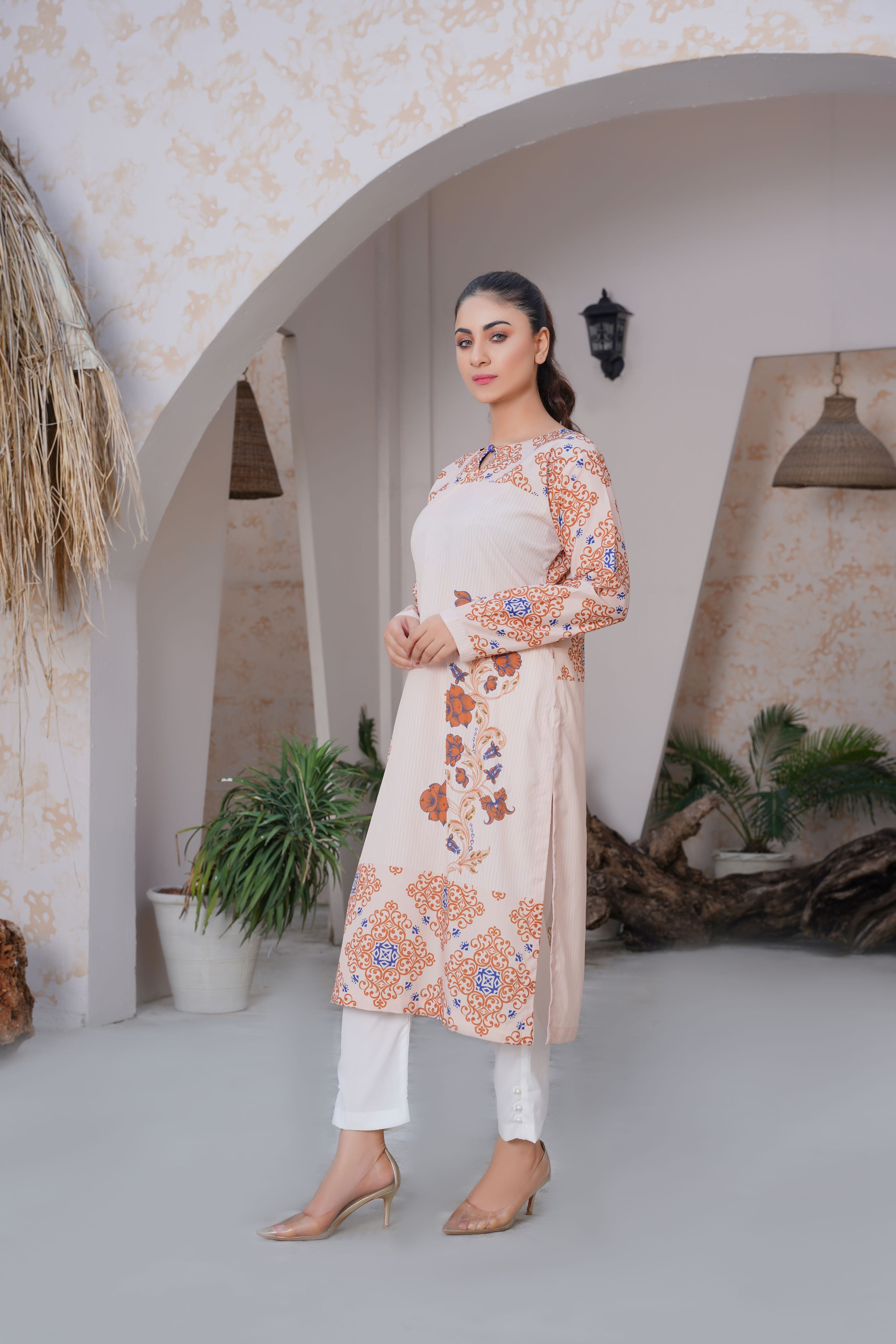 Beige & Rust Floral Printed Long shirt premium Hand stone work- SJ-153