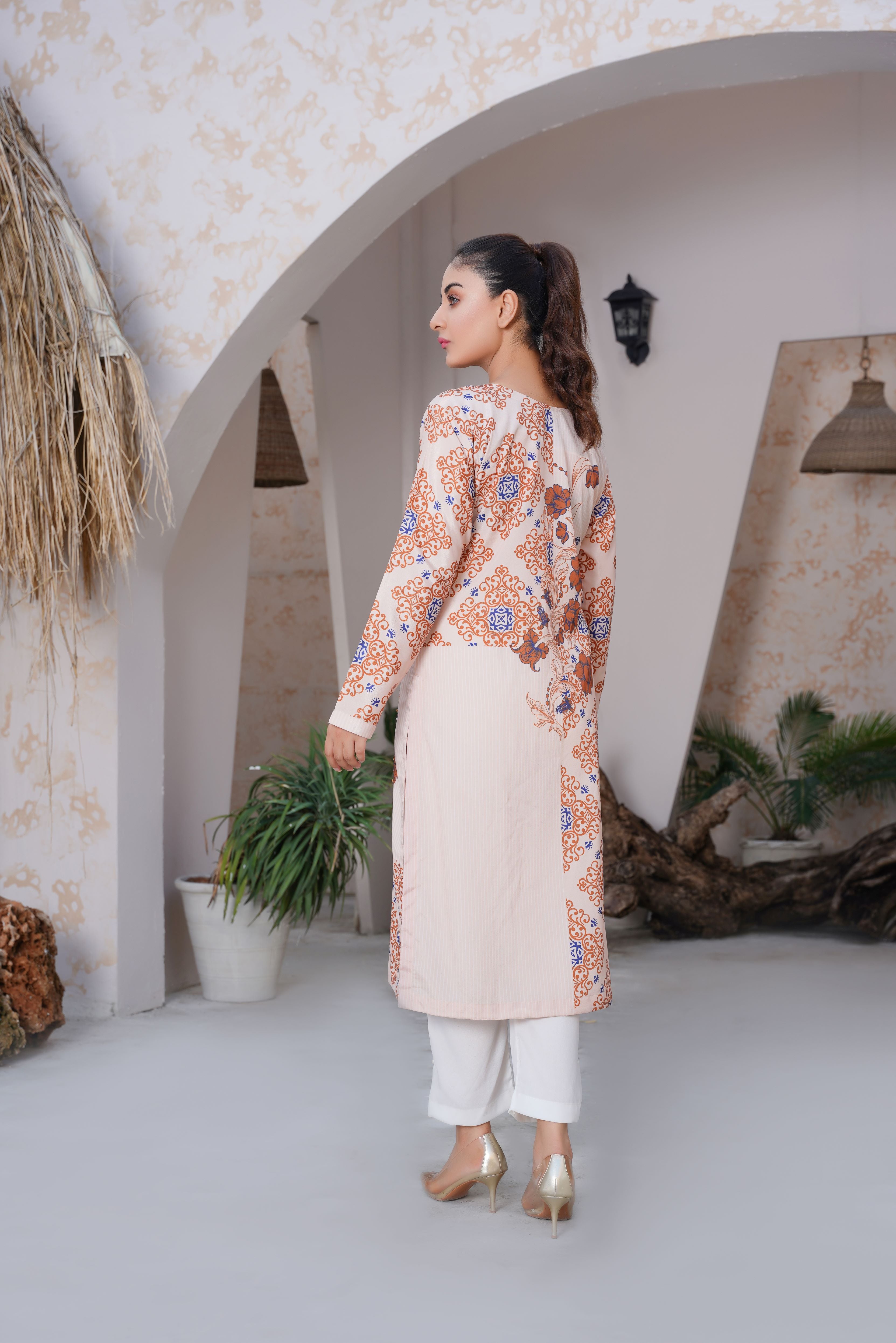 Beige & Rust Floral Printed Long shirt premium Hand stone work- SJ-153