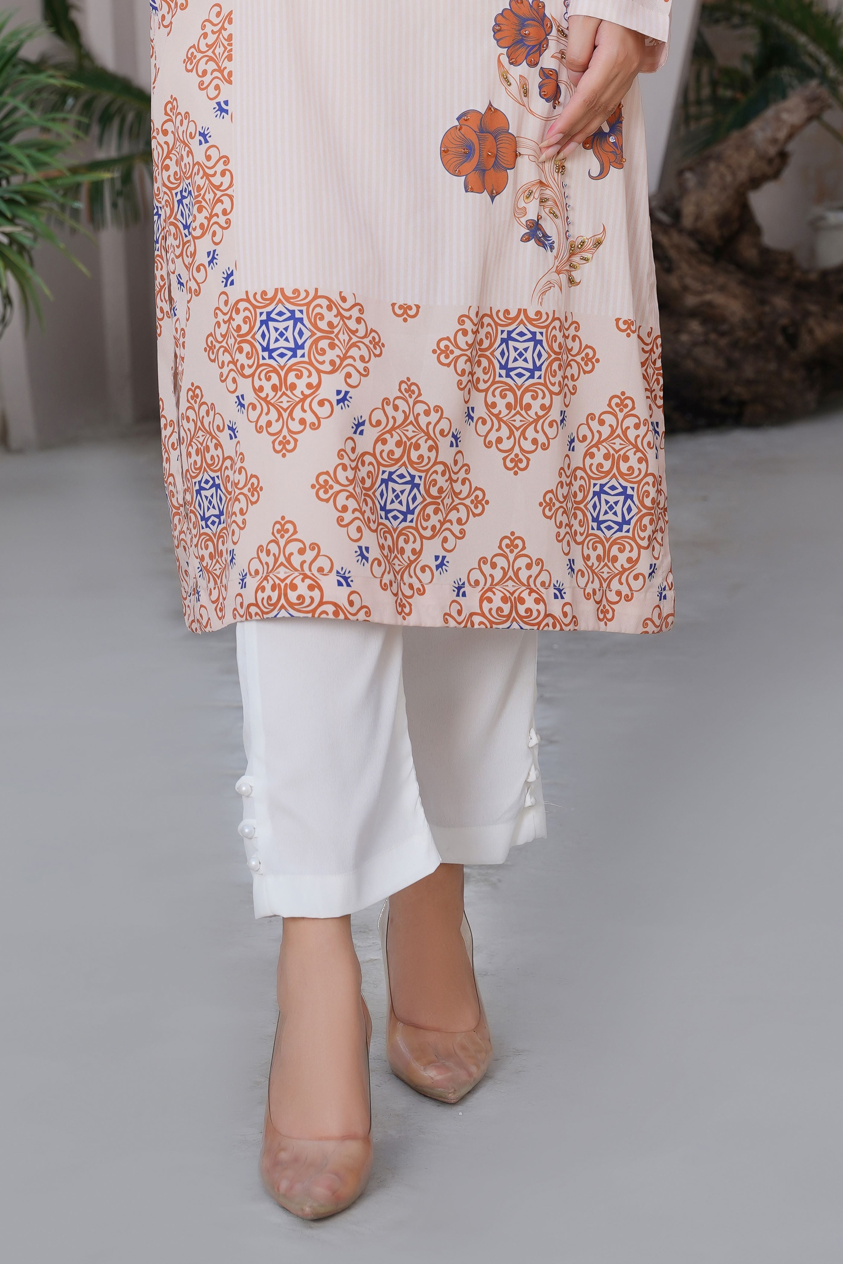 Beige & Rust Floral Printed Long shirt premium Hand stone work- SJ-153