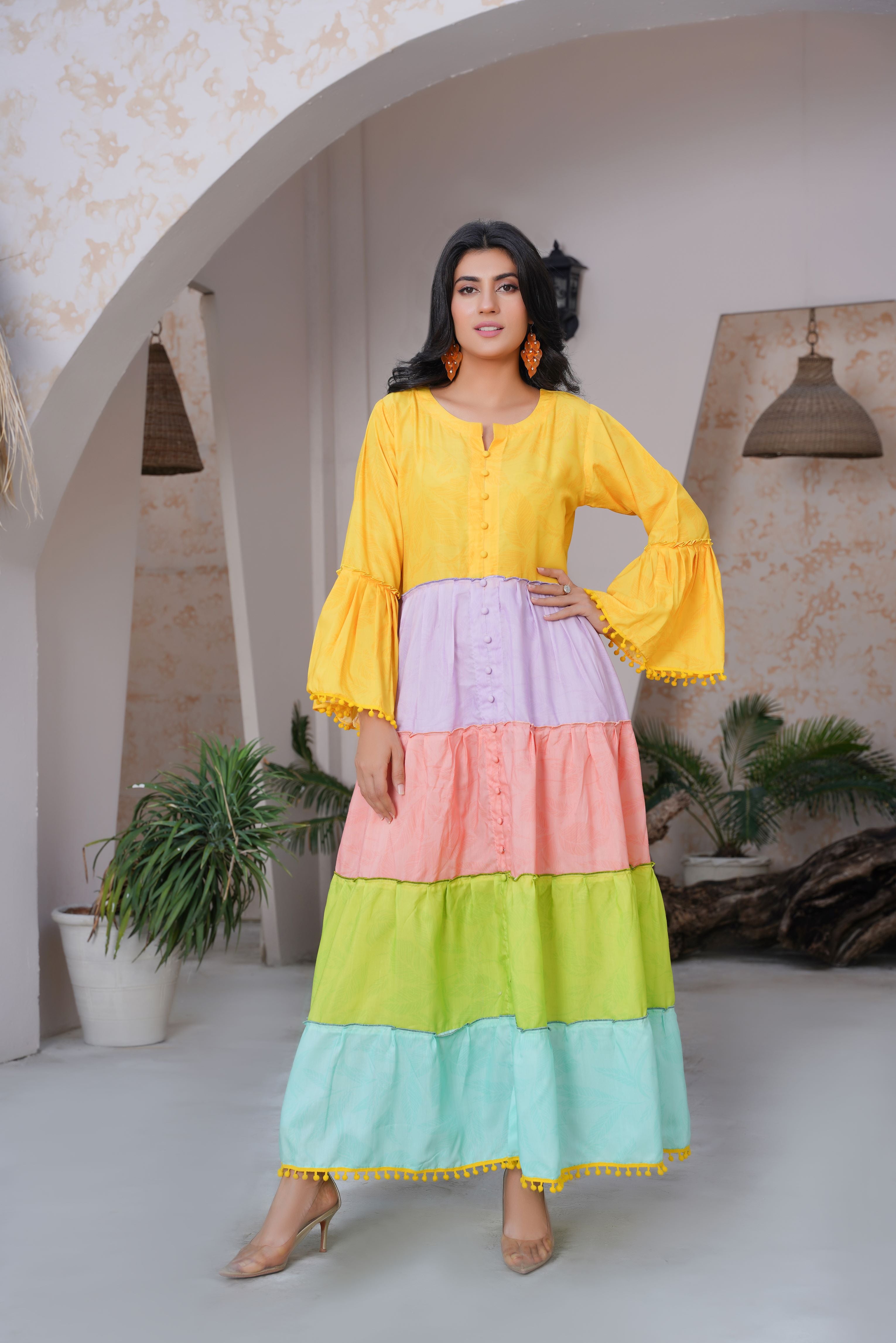 Vibrant Multi-Color Tiered 1 Piece Stitched Maxi Dress SB-155