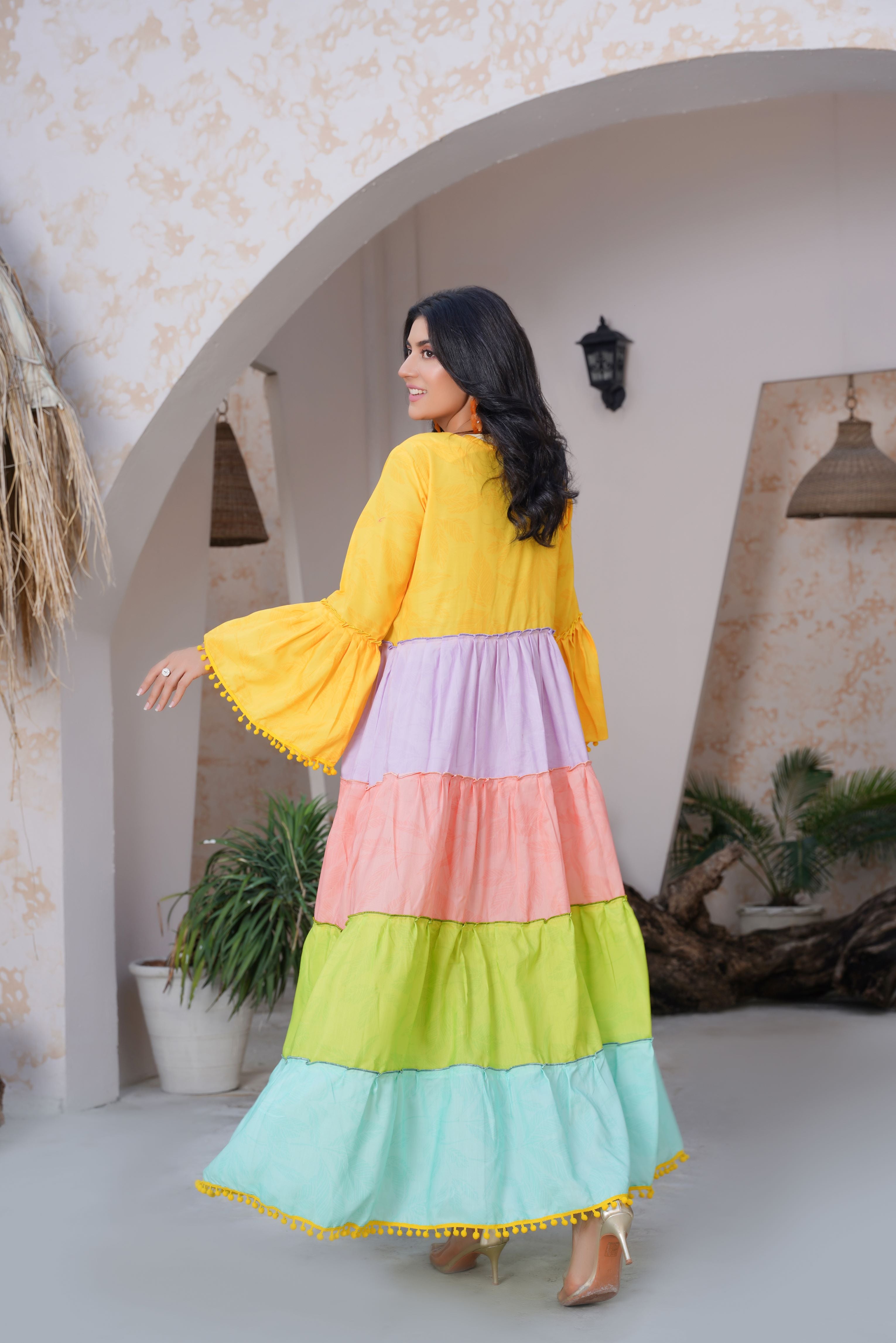 Vibrant Multi-Color Tiered 1 Piece Stitched Maxi Dress SB-155