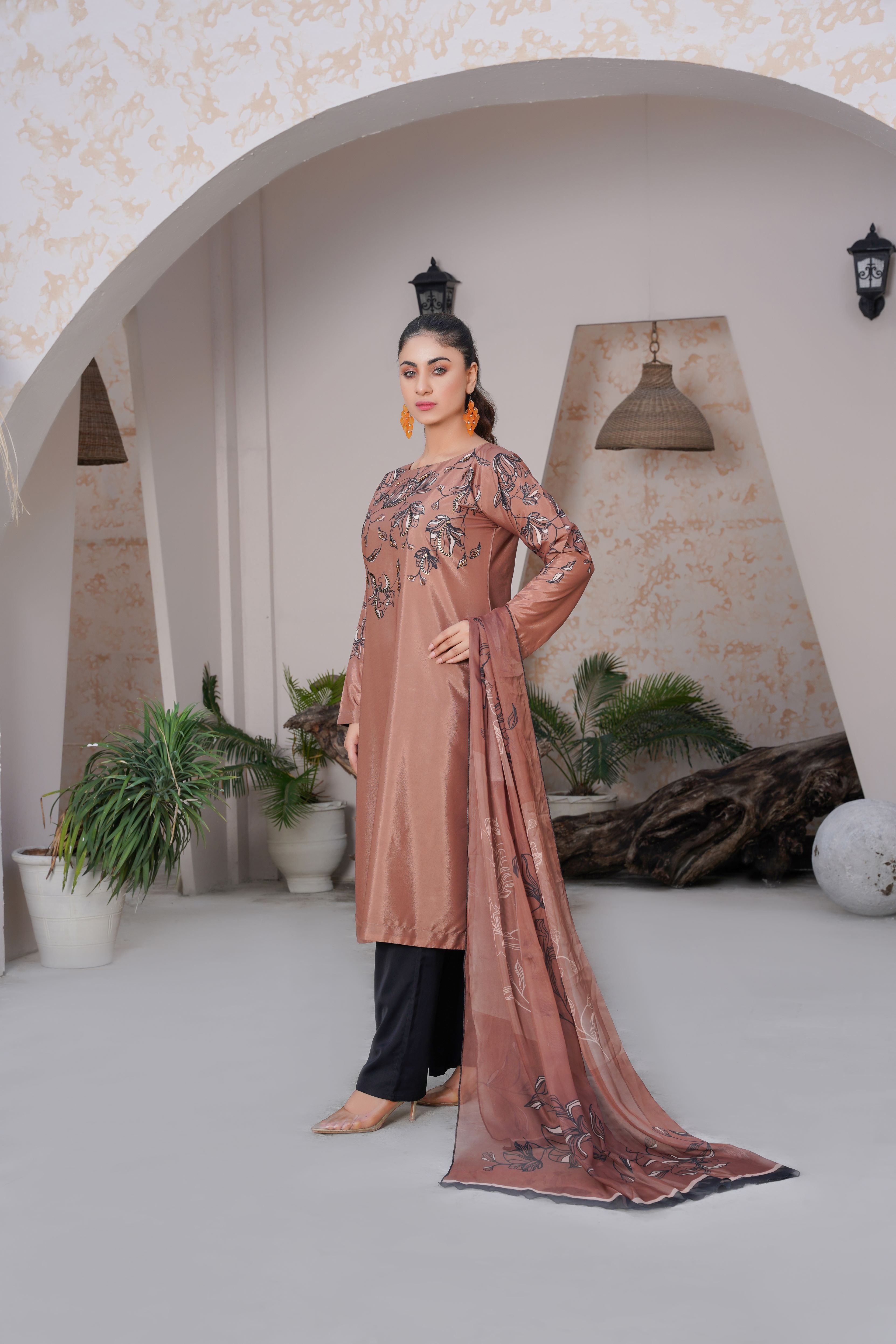 Coffee Colored Stitched Printed long Shirt 3-piece with heavy Handcrafted