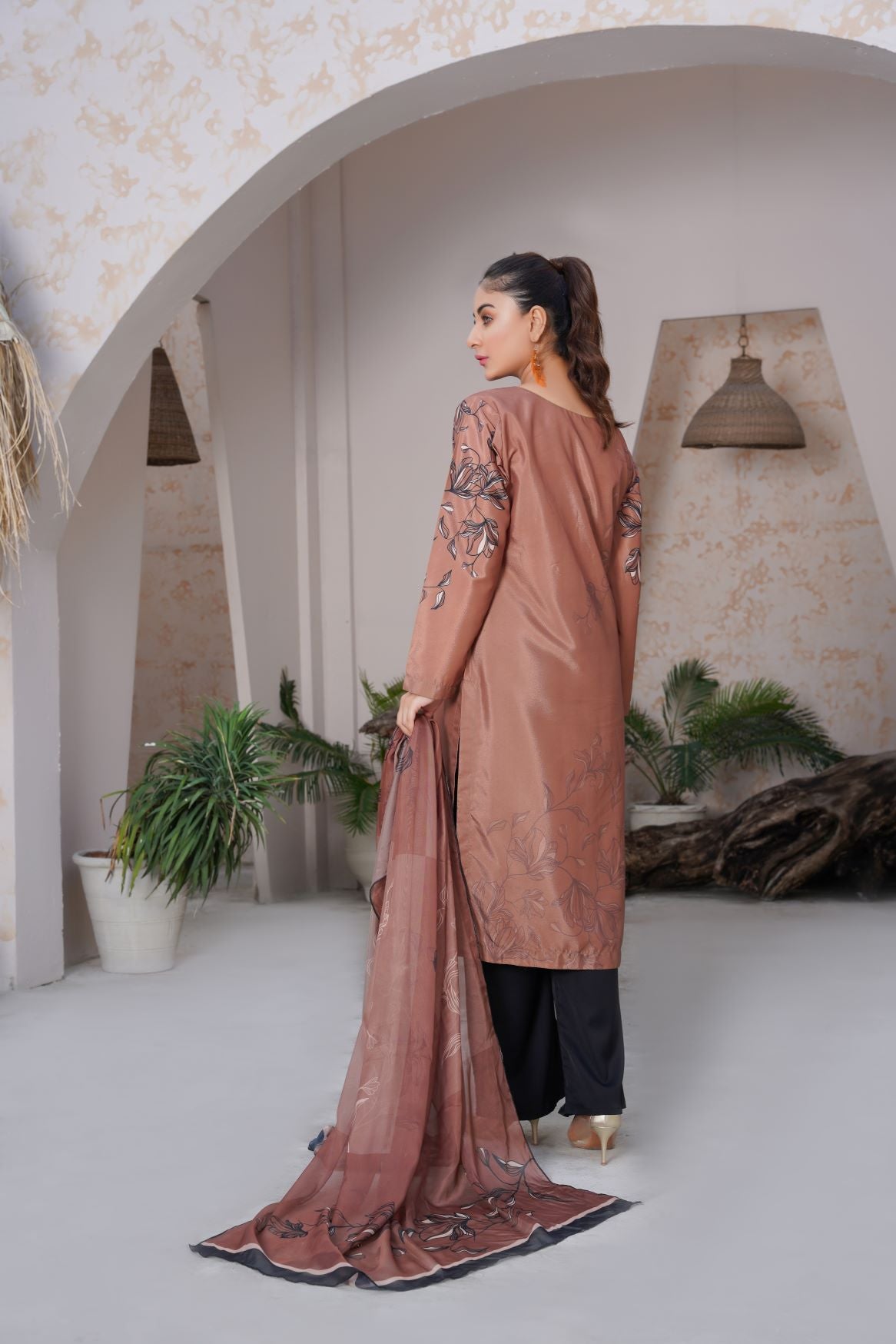 Coffee Colored Stitched Printed long Shirt 3-piece with heavy Handcrafted