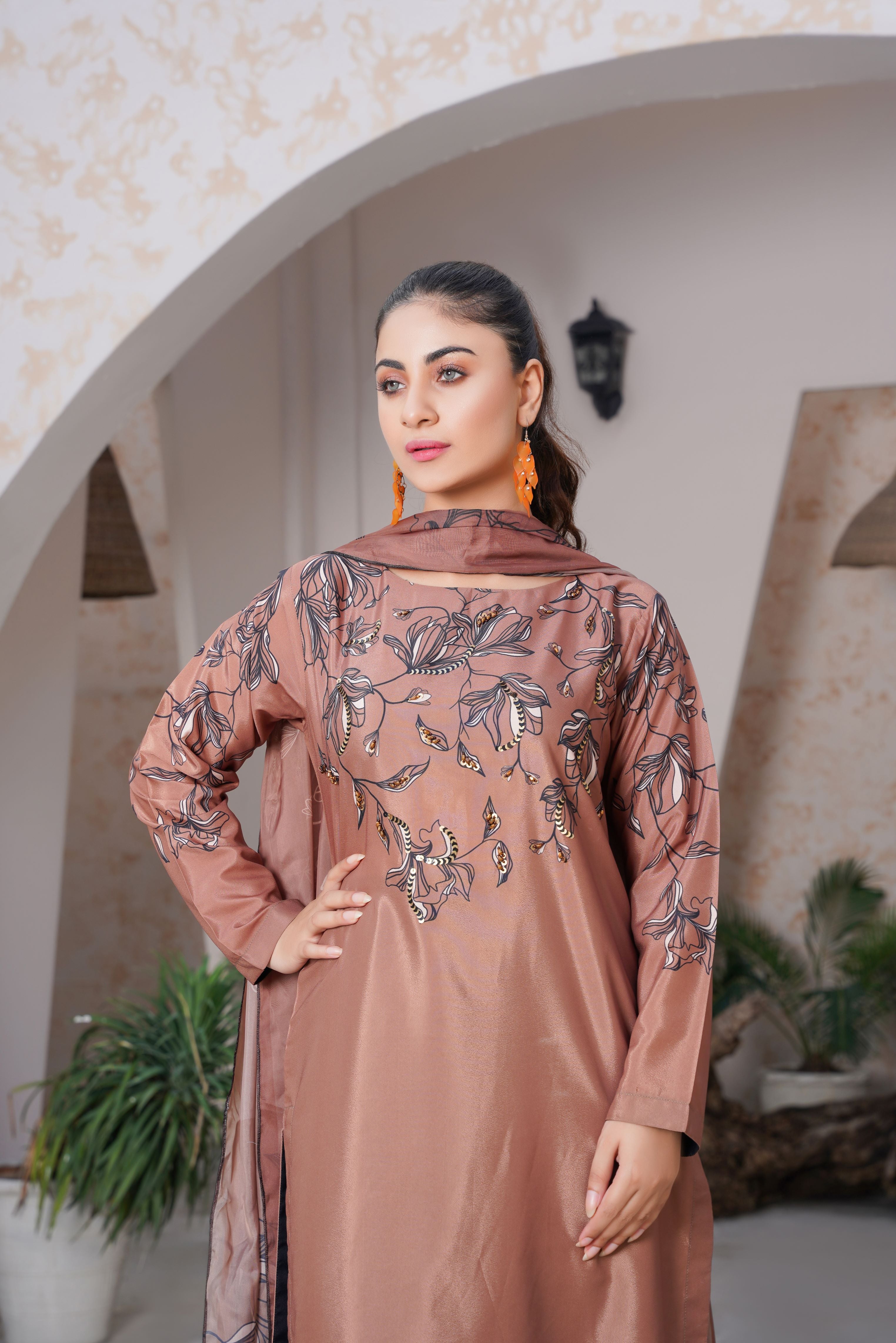 Coffee Colored Stitched Printed long Shirt 3-piece with heavy Handcrafted