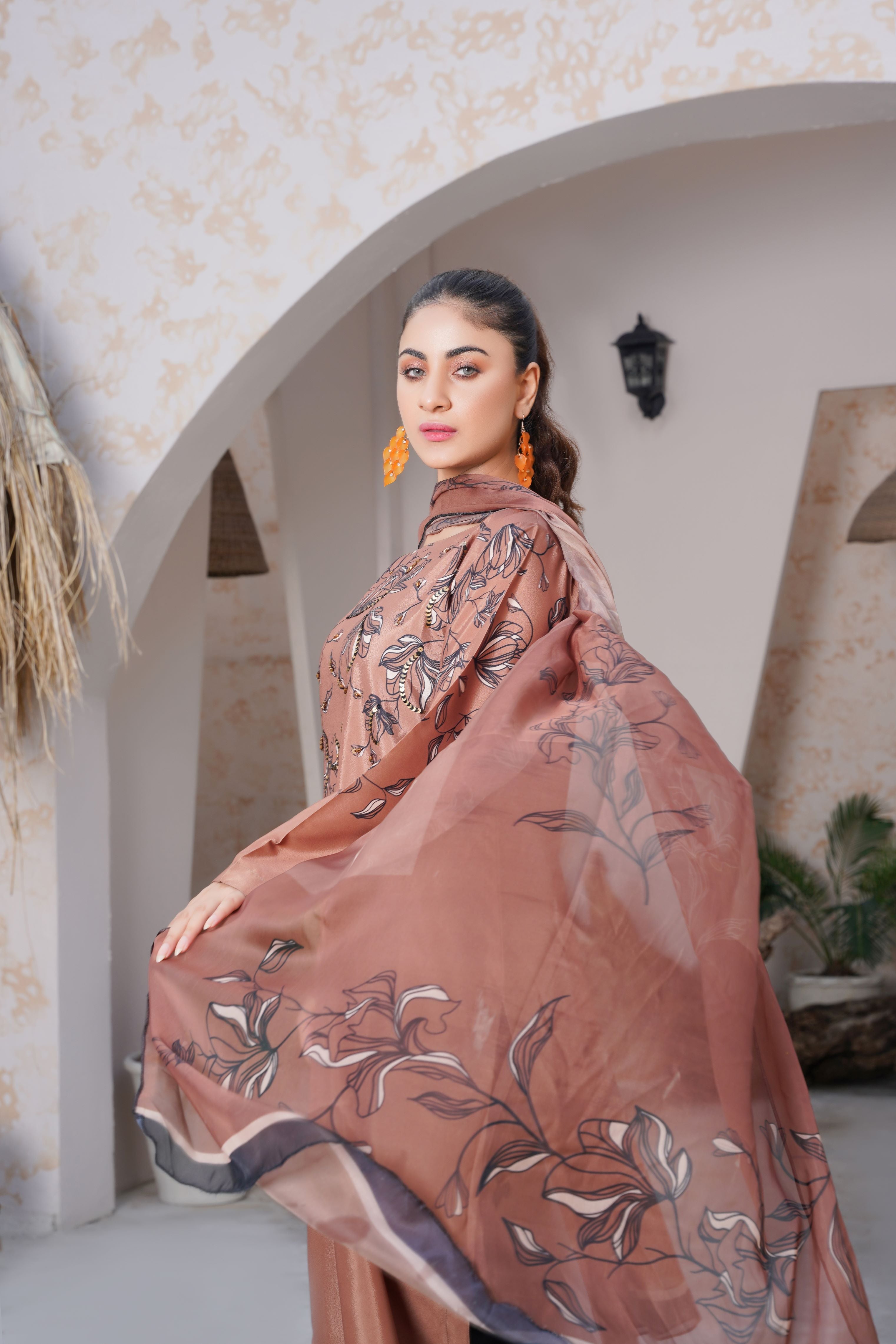 Coffee Colored Stitched Printed long Shirt 3-piece with heavy Handcrafted