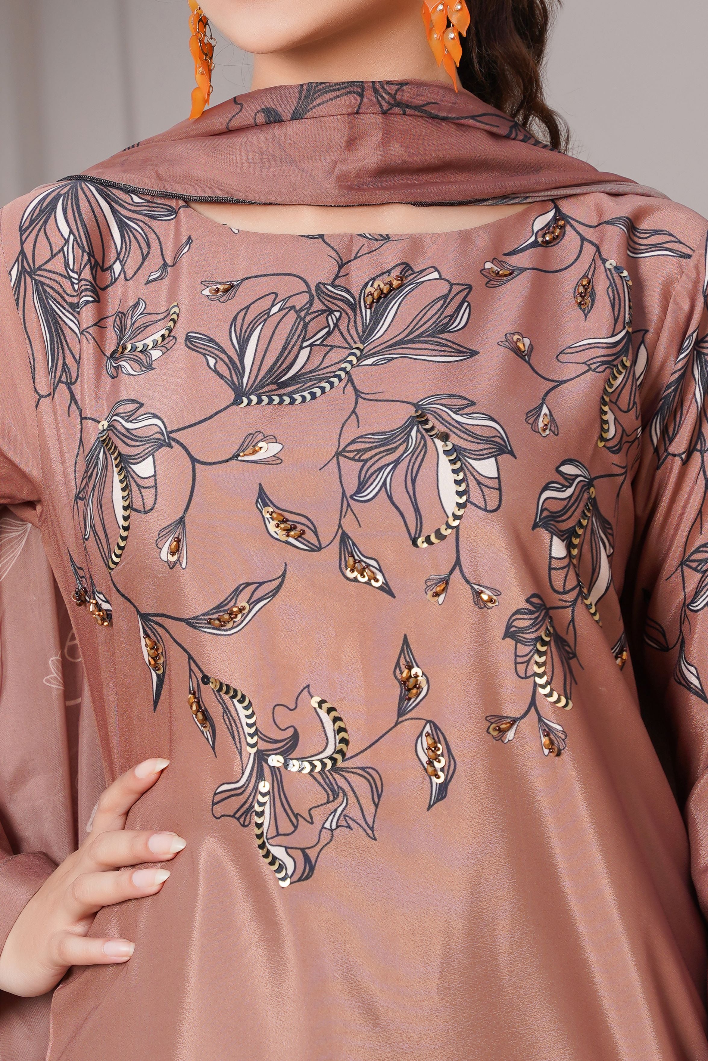 Coffee Colored Stitched Printed long Shirt 3-piece with heavy Handcrafted