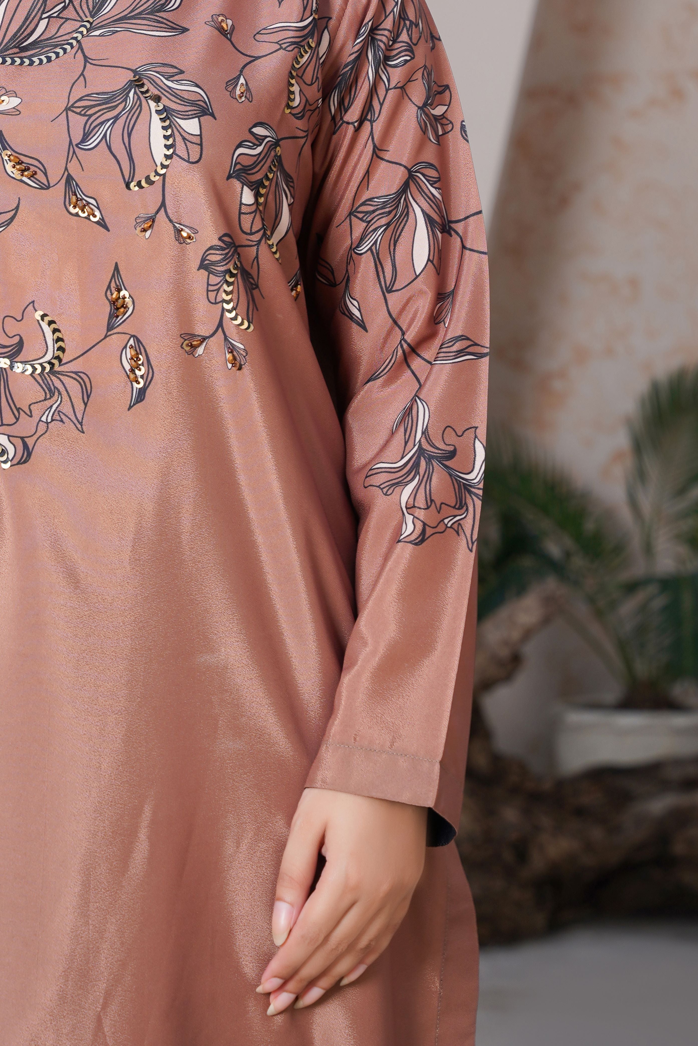 Coffee Colored Stitched Printed long Shirt 3-piece with heavy Handcrafted