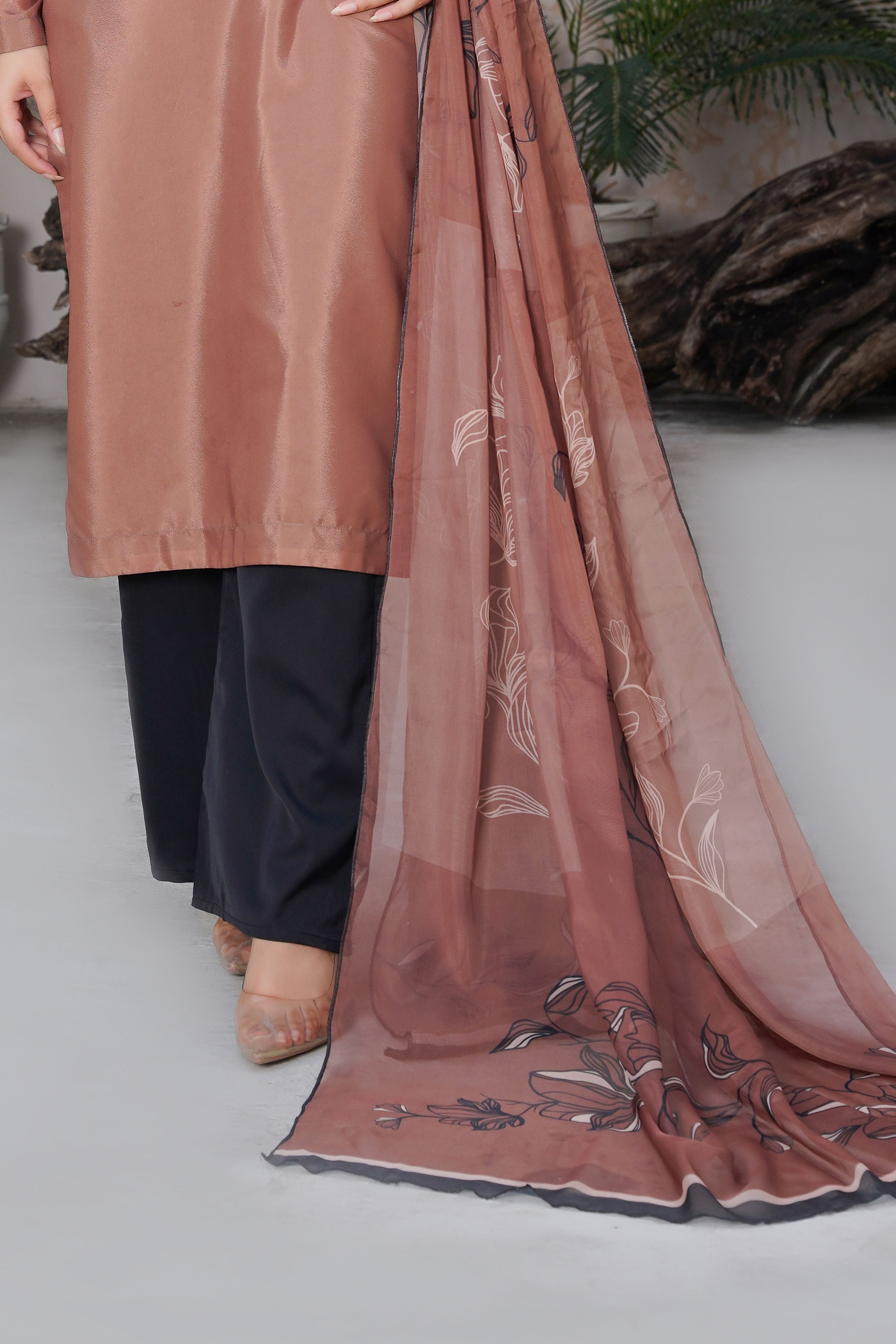 Coffee Colored Stitched Printed long Shirt 3-piece with heavy Handcrafted