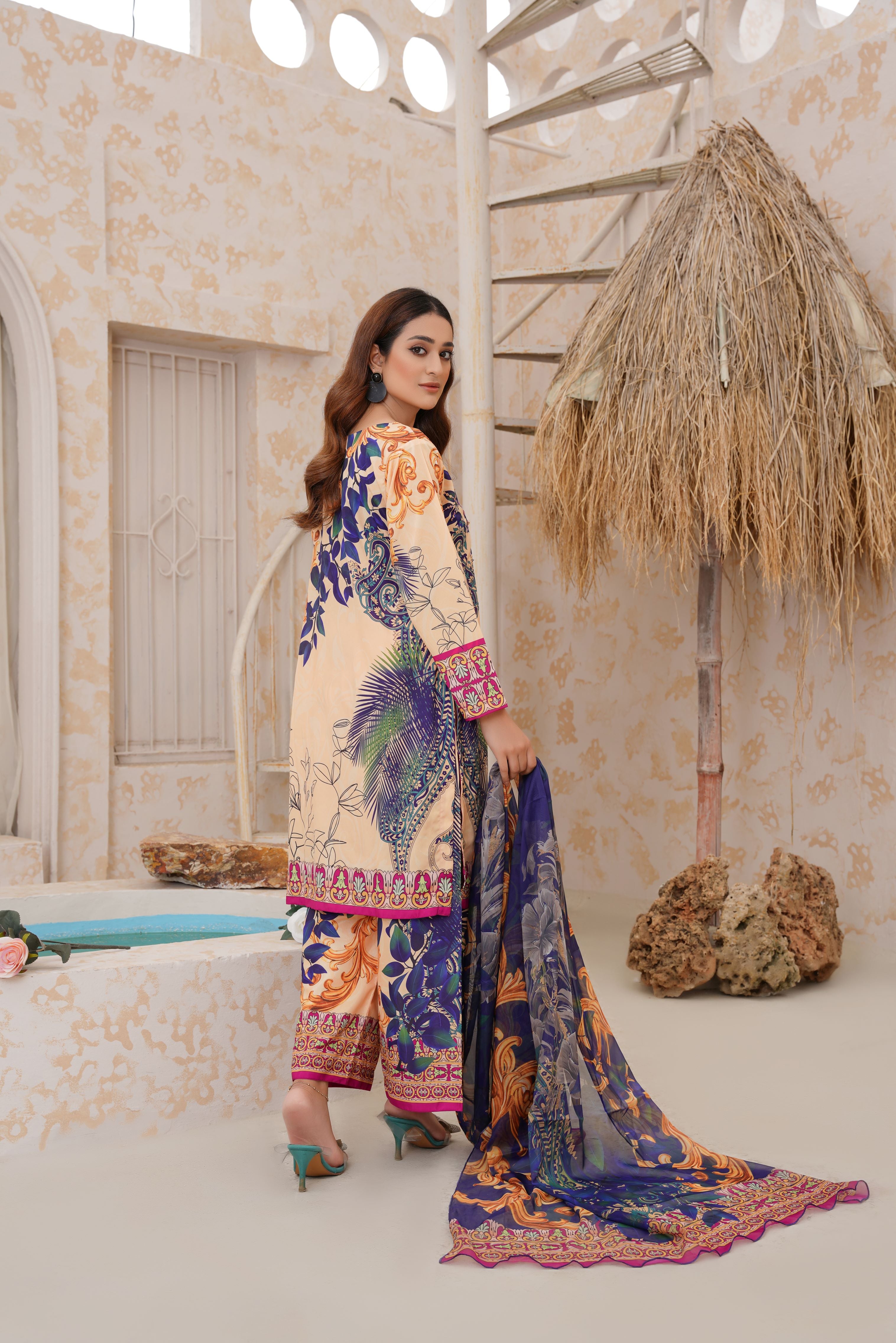 Vibrant 2-Piece Stitched Floral Printed Peach & Blue Suit with Silk Dupatta SJ-157