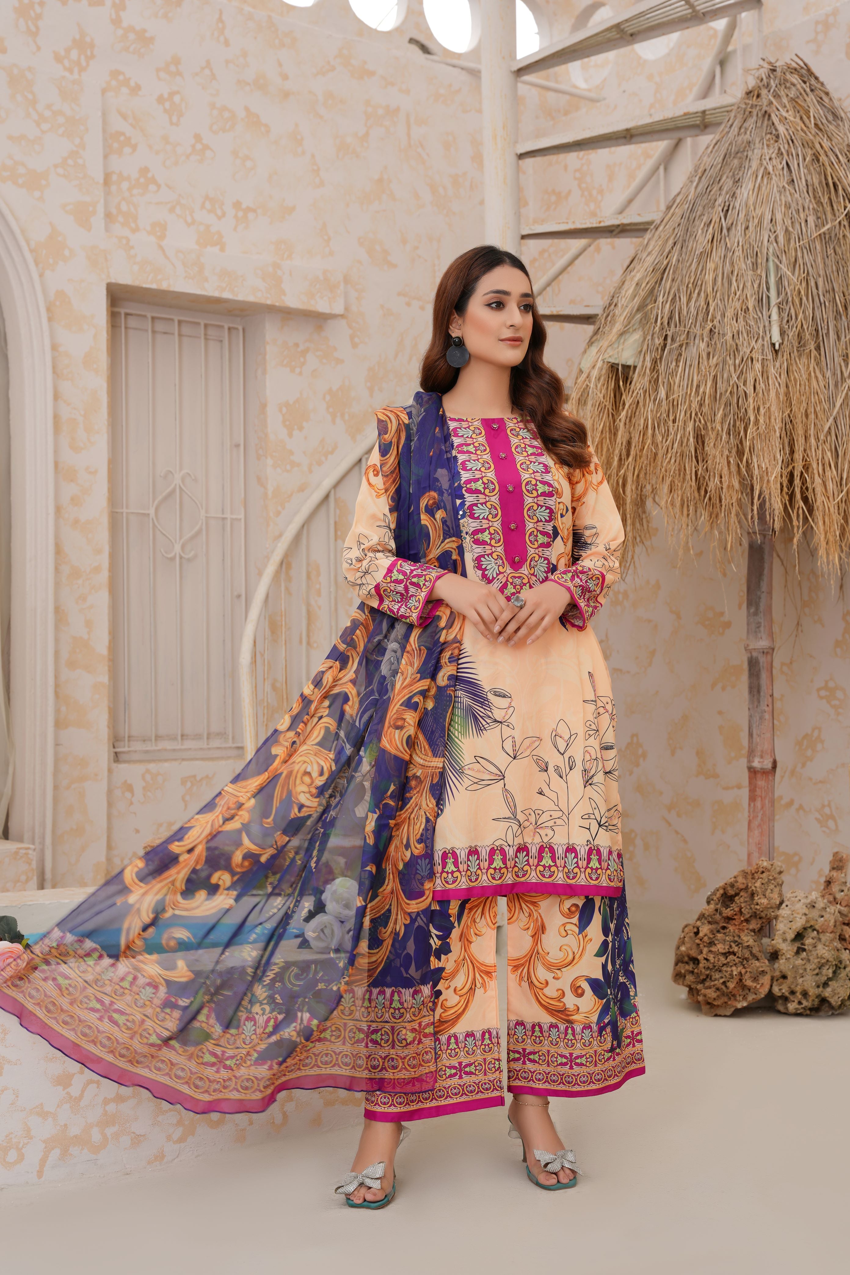 Vibrant 2-Piece Stitched Floral Printed Peach & Blue Suit with Silk Dupatta SJ-157