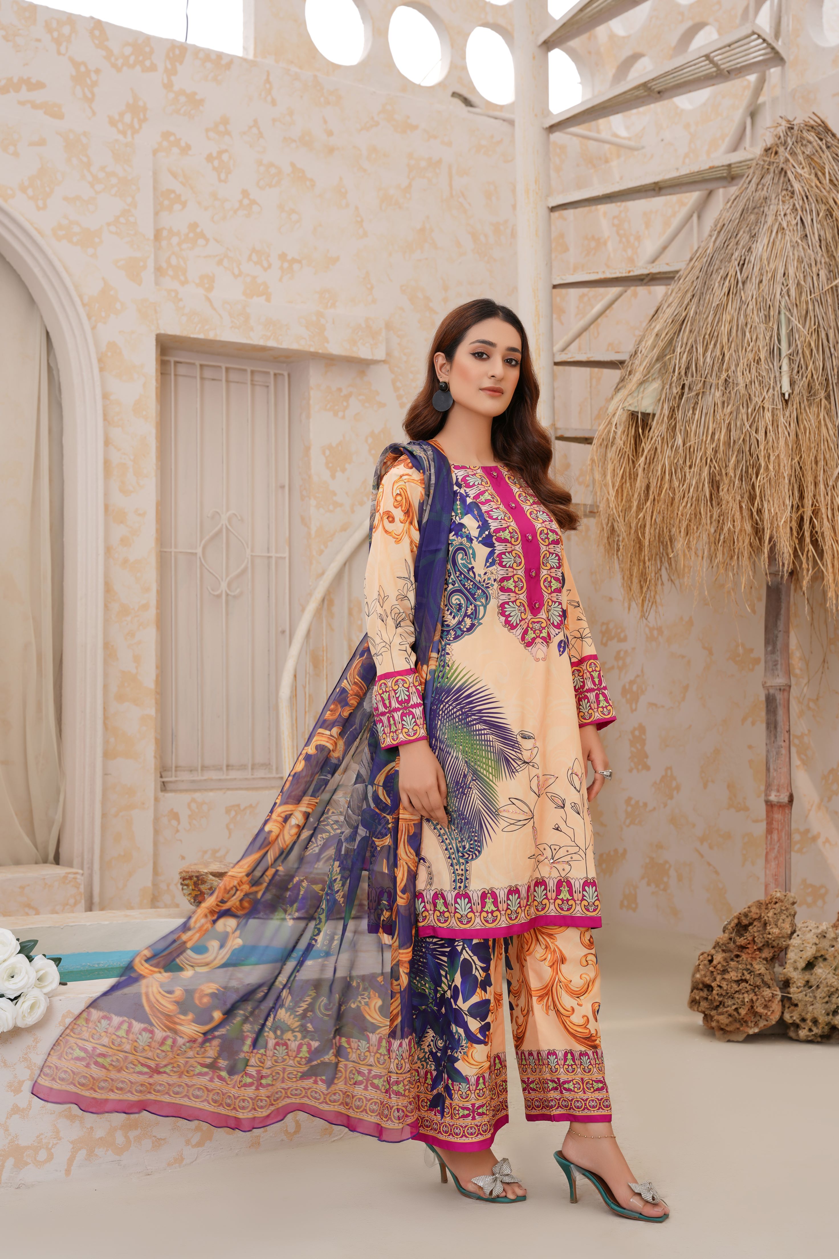 Vibrant 2-Piece Stitched Floral Printed Peach & Blue Suit with Silk Dupatta SJ-157
