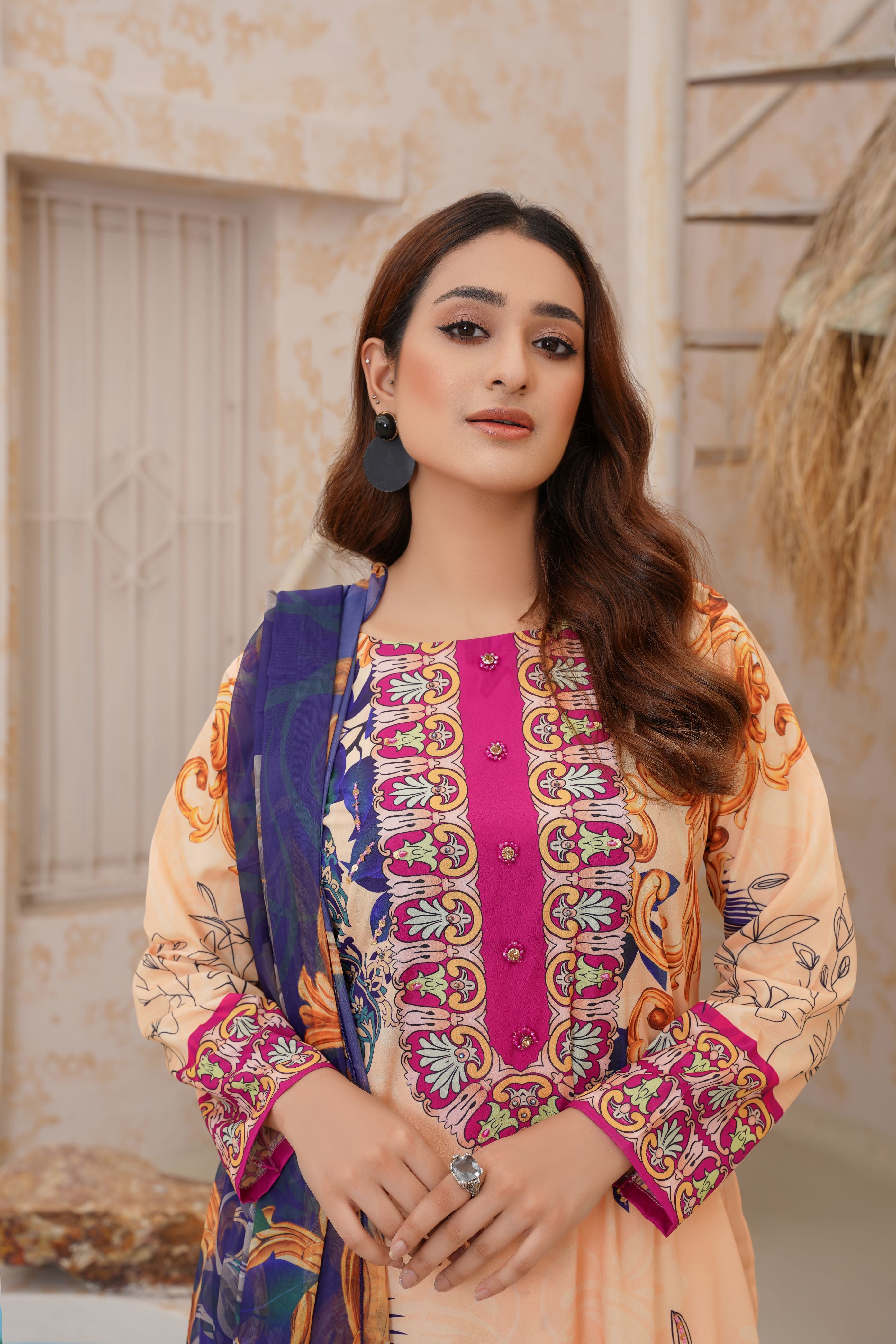 Vibrant 2-Piece Stitched Floral Printed Peach & Blue Suit with Silk Dupatta SJ-157