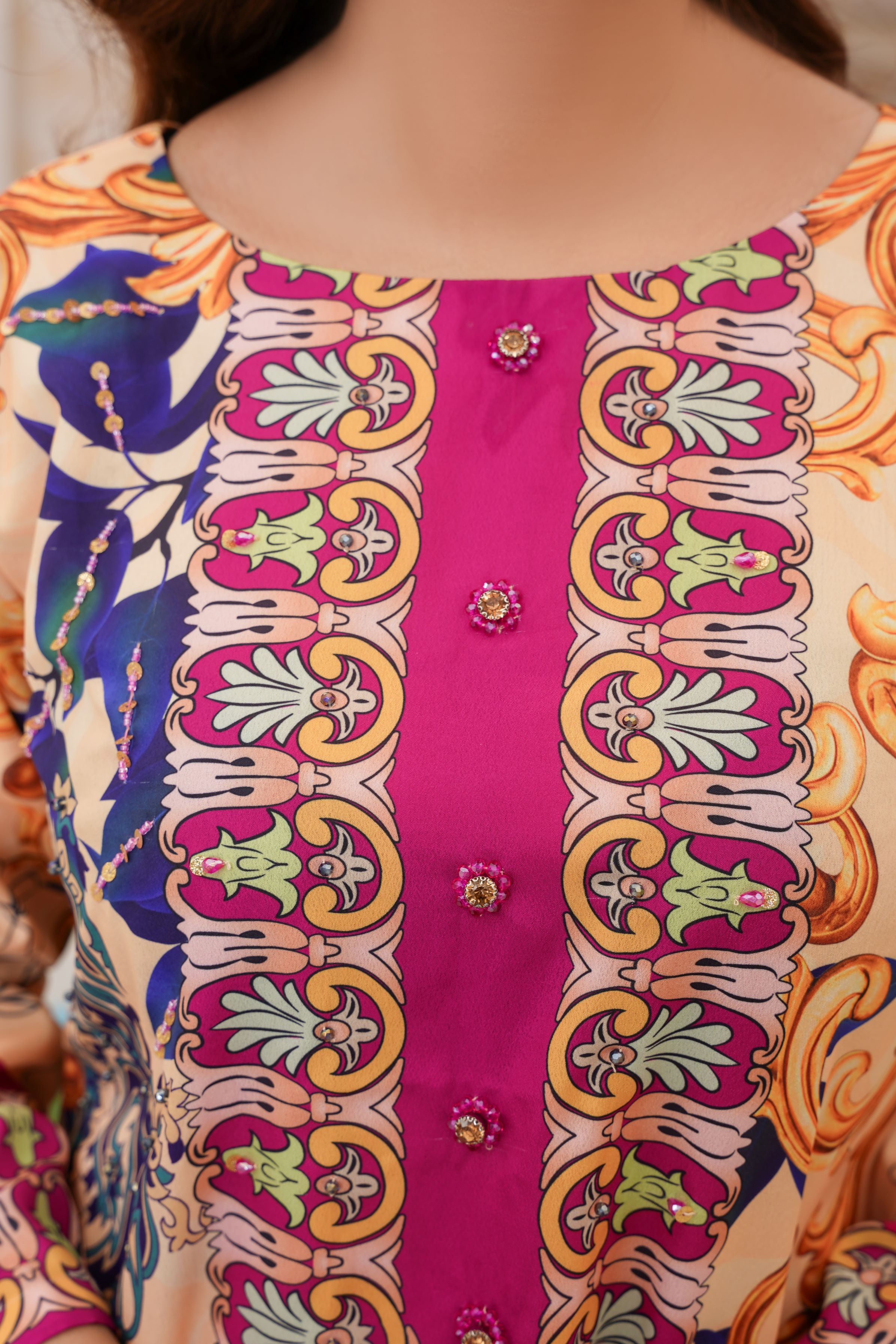 Vibrant 2-Piece Stitched Floral Printed Peach & Blue Suit with Silk Dupatta SJ-157