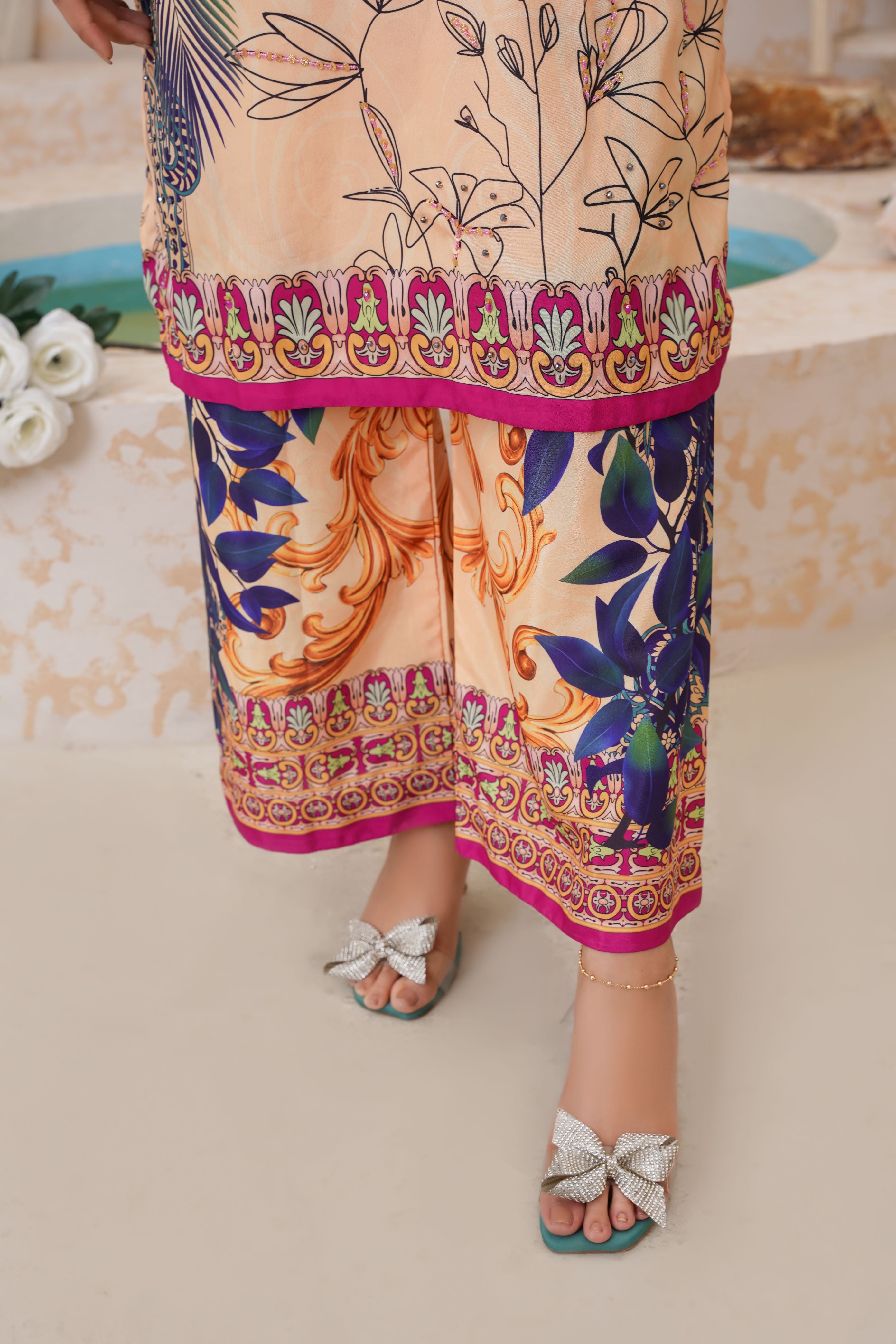 Vibrant 2-Piece Stitched Floral Printed Peach & Blue Suit with Silk Dupatta SJ-157