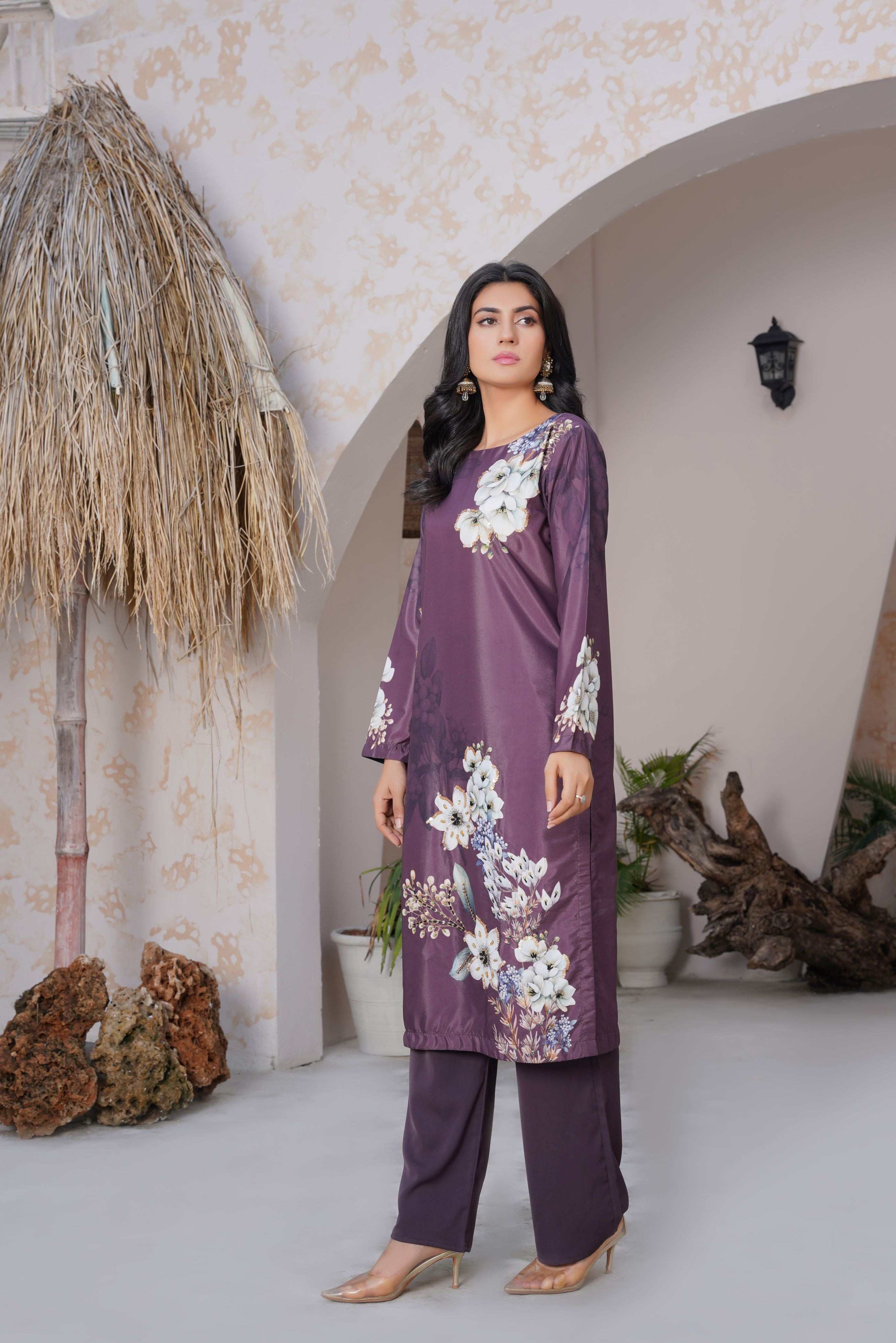 Plum Purple Floral long shirt with White Blossom Design - Sj-158