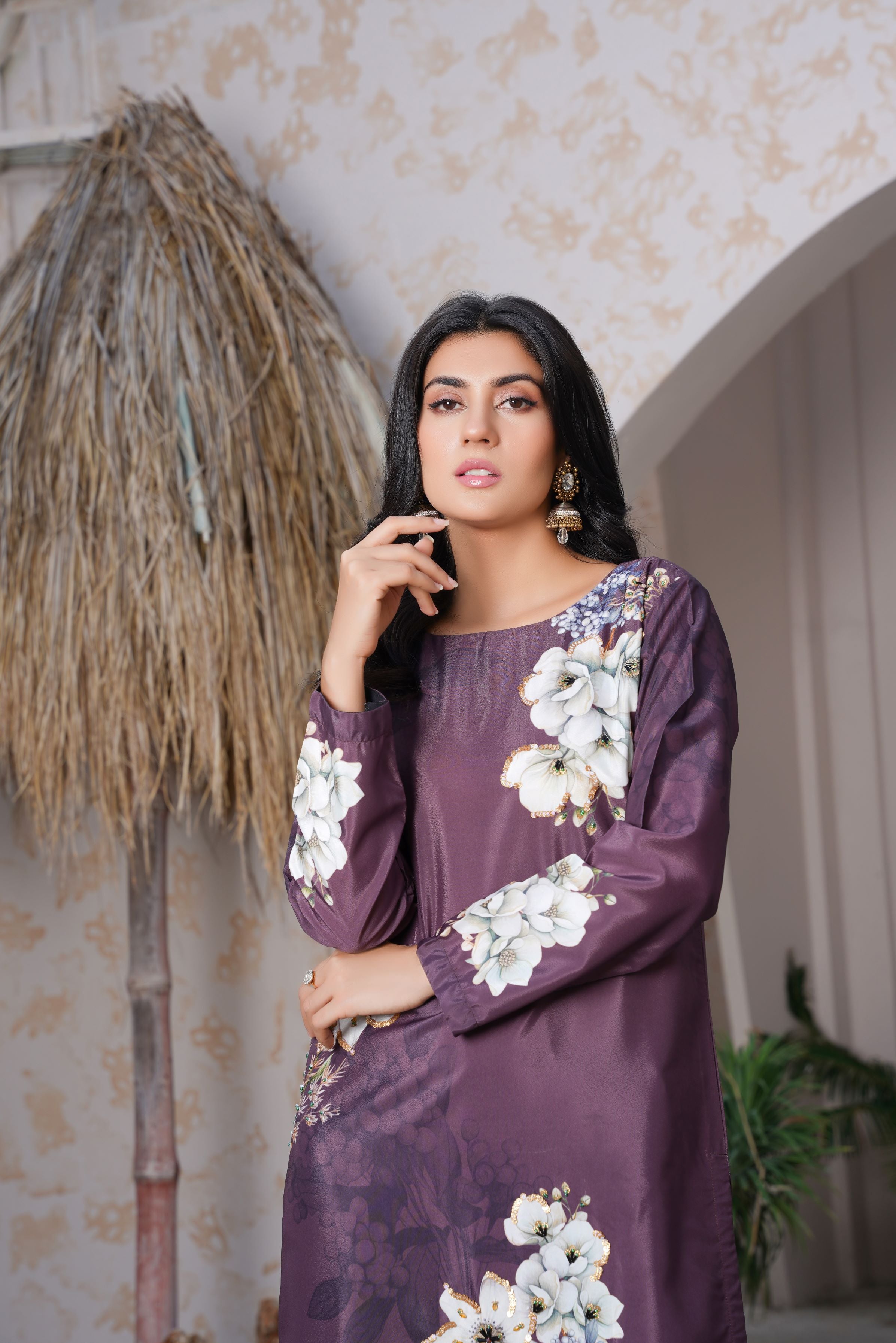 Plum Purple Floral long shirt with White Blossom Design - Sj-158