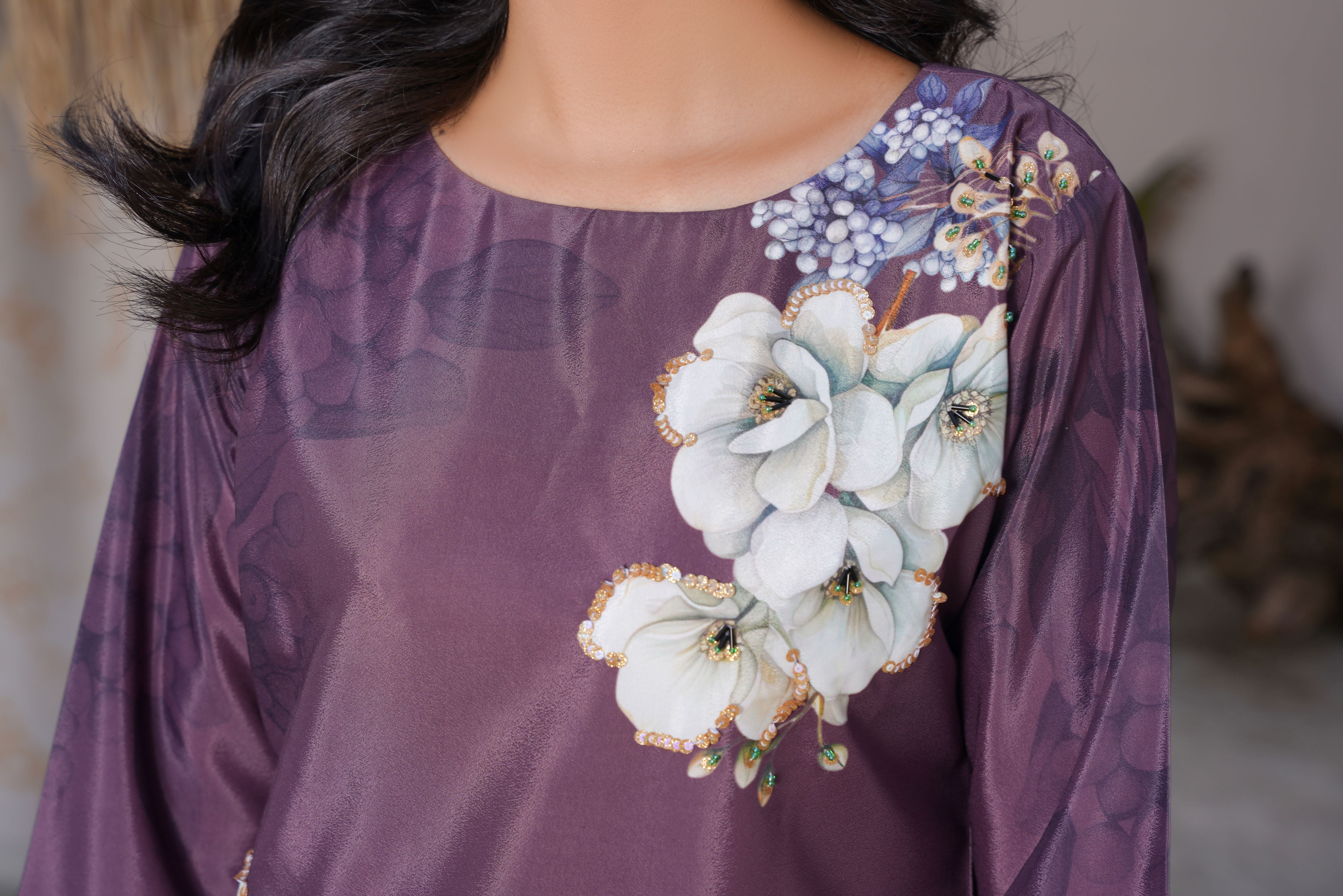 Plum Purple Floral long shirt with White Blossom Design - Sj-158