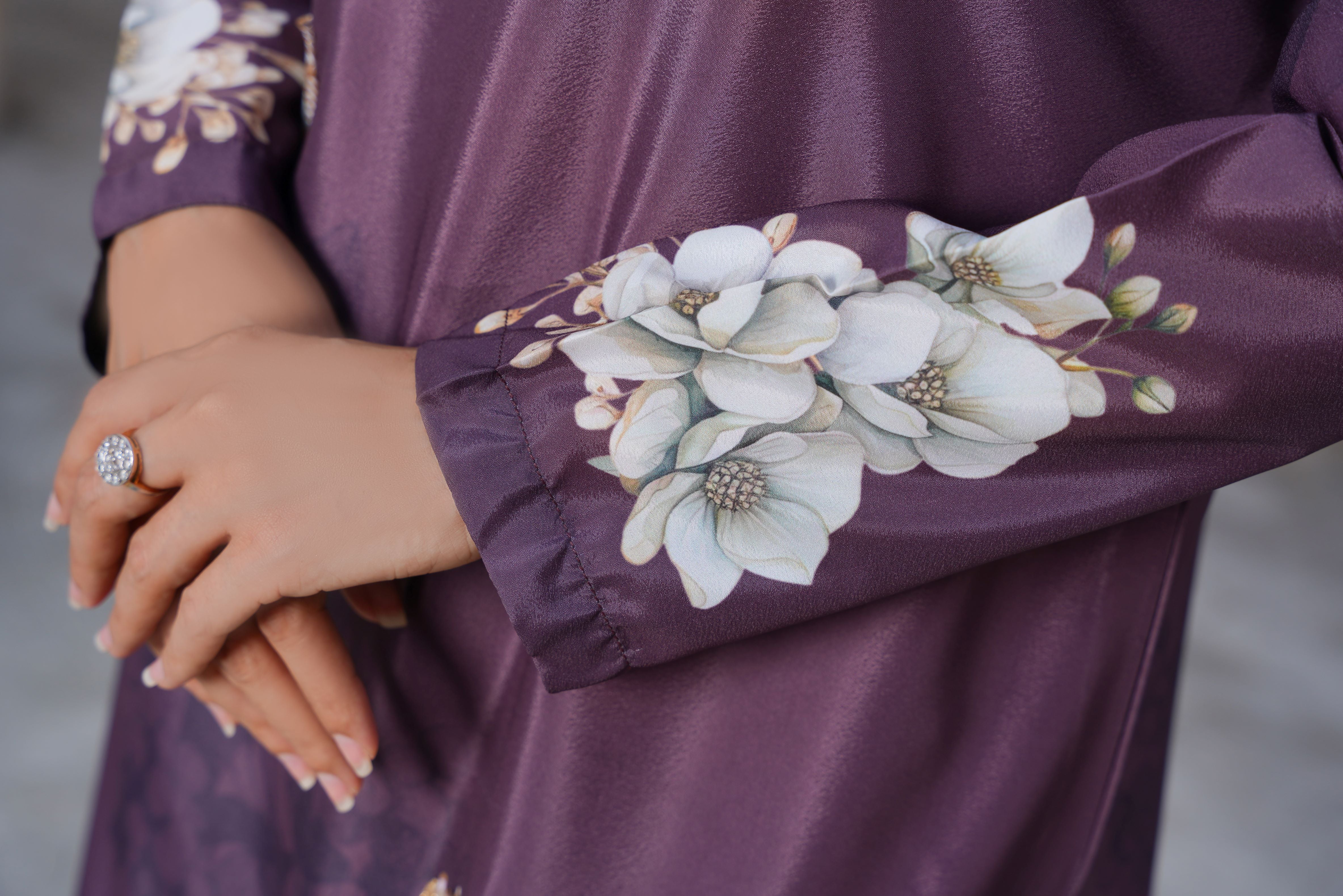Plum Purple Floral long shirt with White Blossom Design - Sj-158