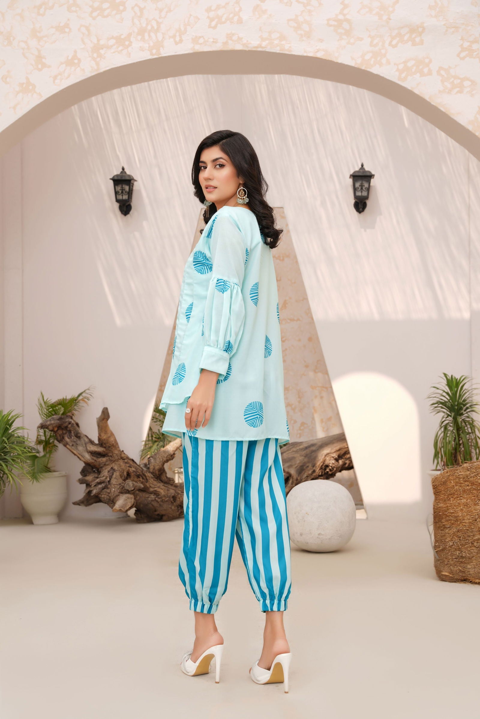 🌸 Aqua Blue Leaf Print Shirt with Striped Trousers 138🌸 - sabajeez.com designer dress
