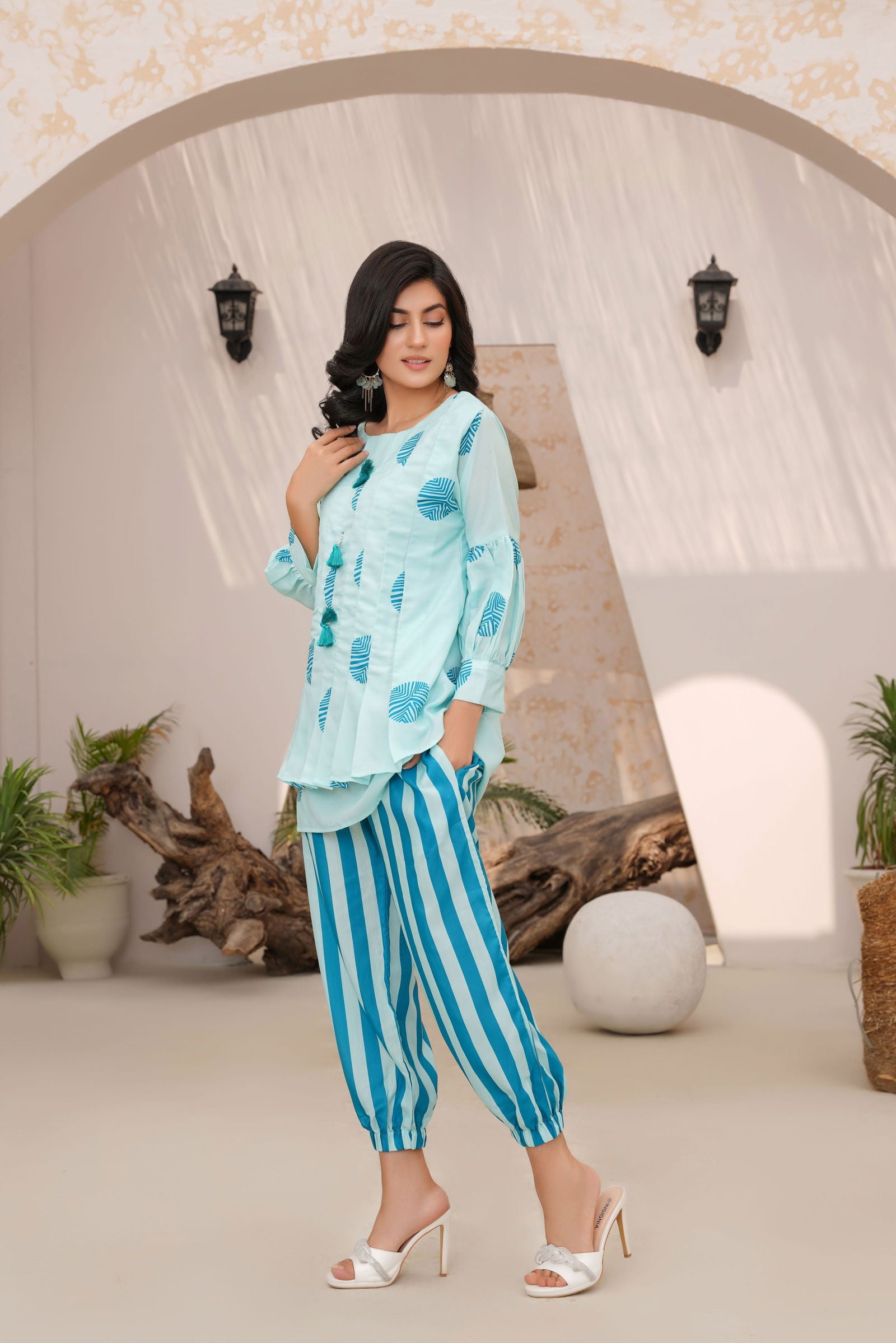 🌸 Aqua Blue Leaf Print Shirt with Striped Trousers 138🌸 - sabajeez.com