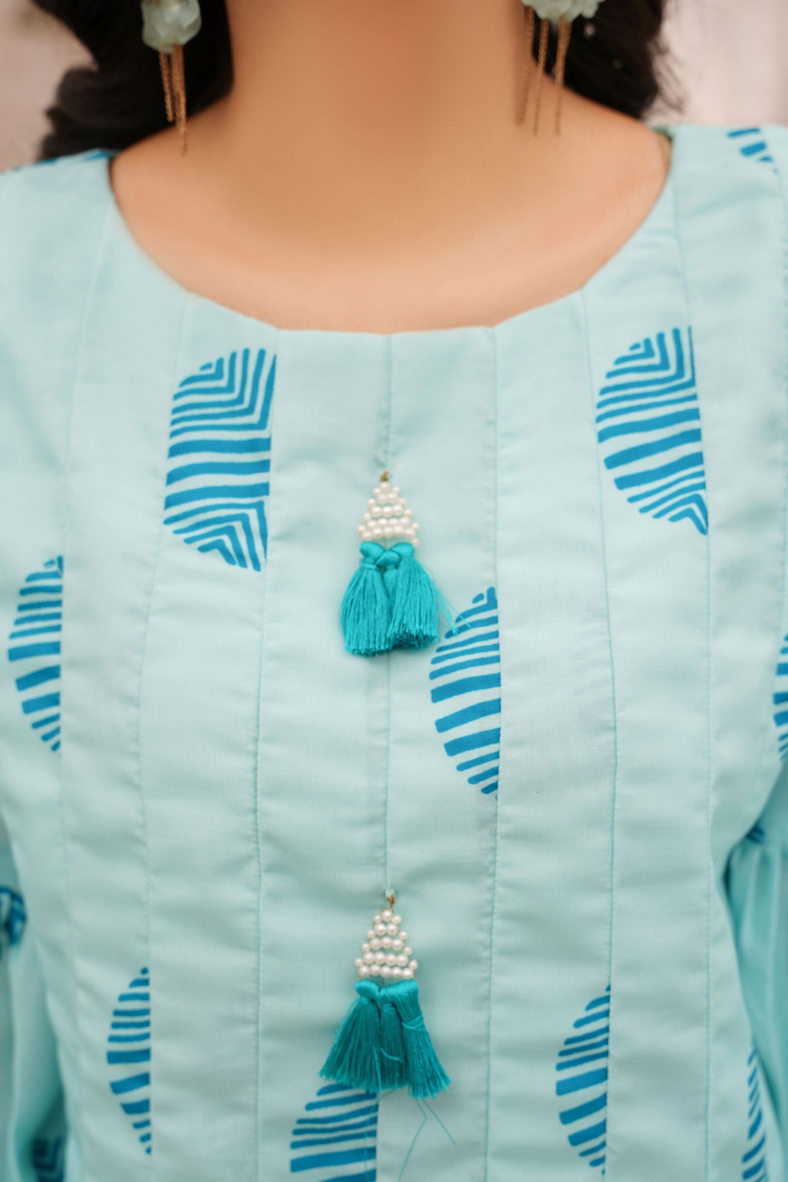 🌸 Aqua Blue Leaf Print Shirt with Striped Trousers 138🌸 - sabajeez.com