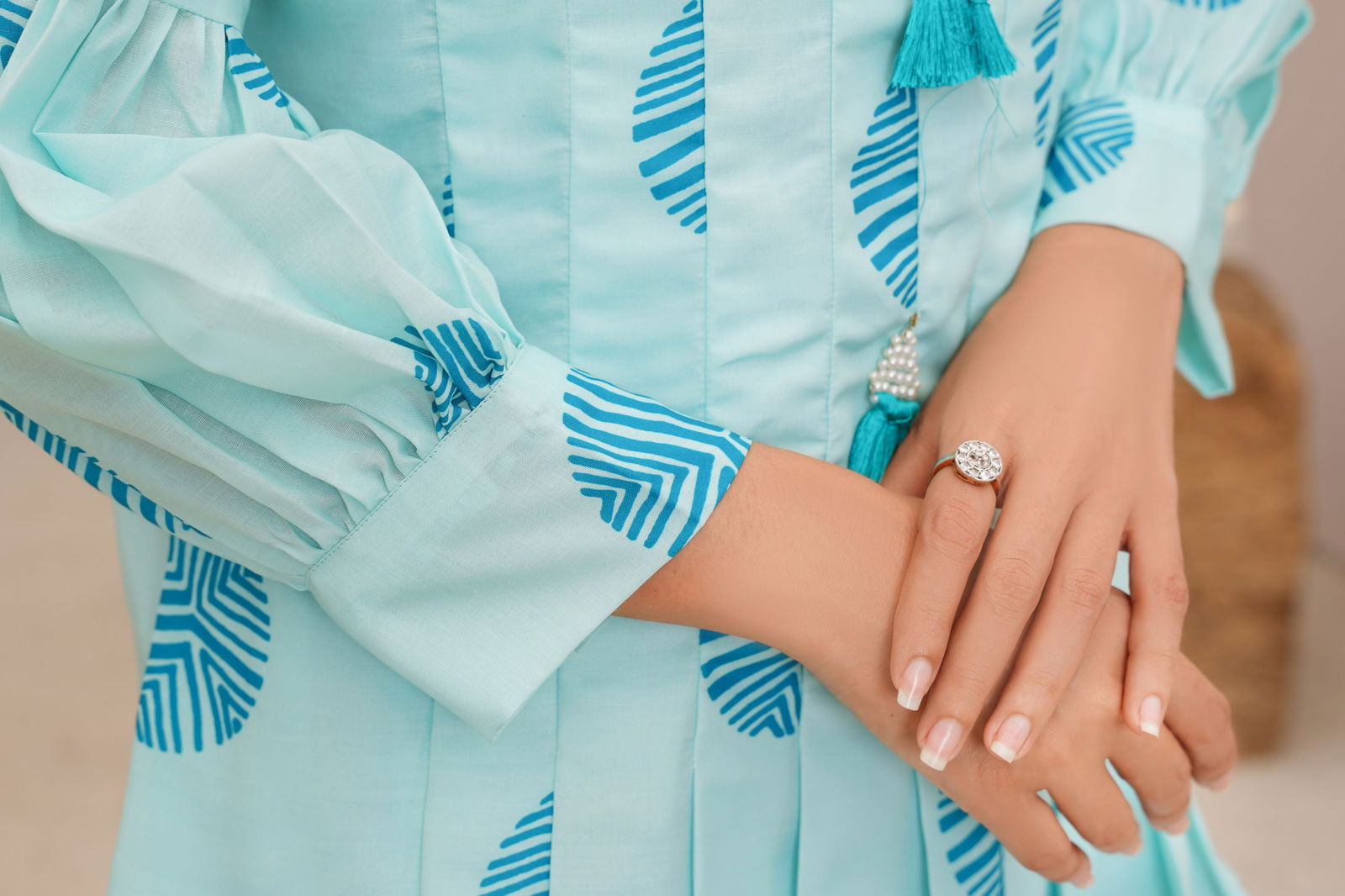 🌸 Aqua Blue Leaf Print Shirt with Striped Trousers 138🌸 - sabajeez.com