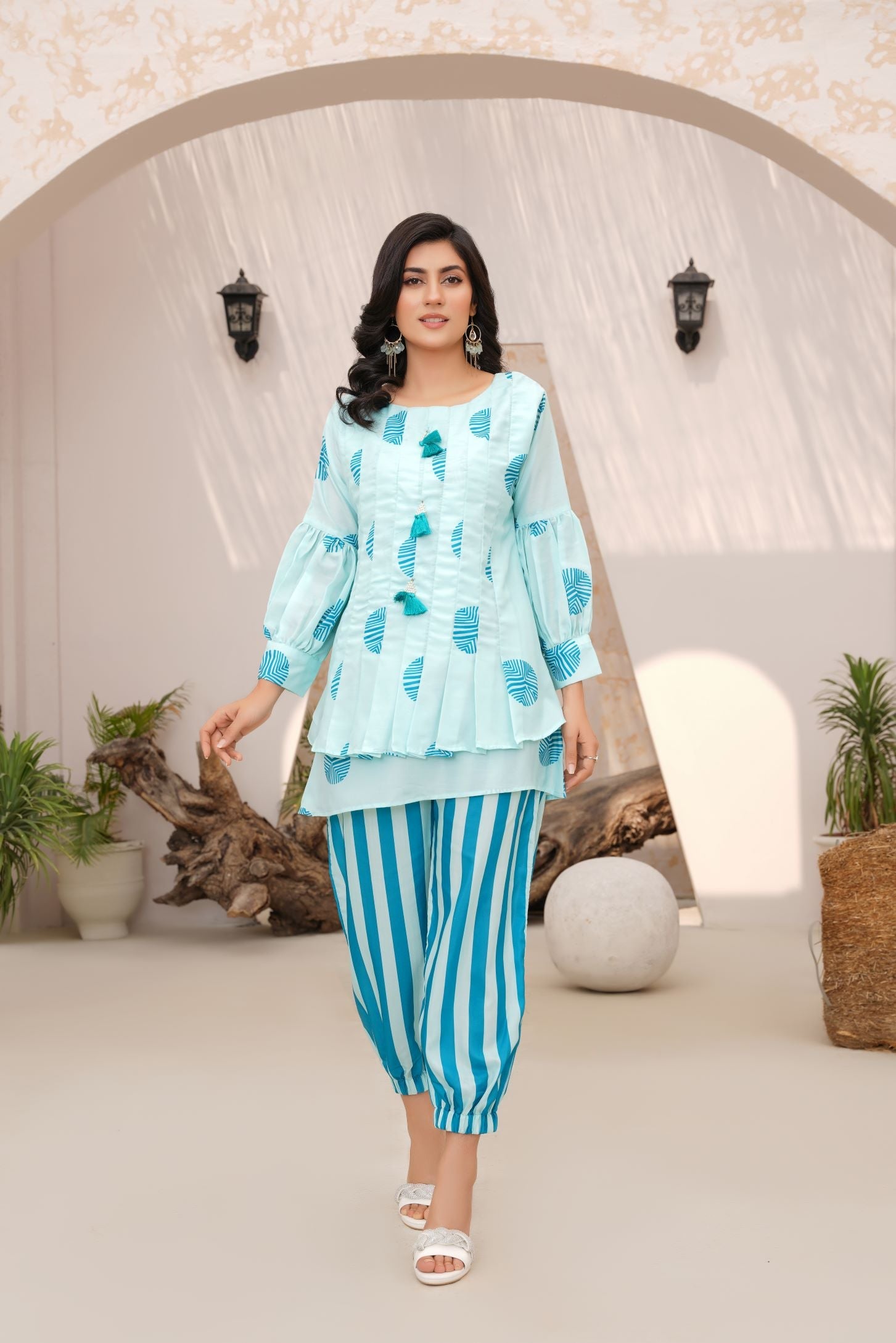 🌸 Aqua Blue Leaf Print Shirt with Striped Trousers 138🌸 - sabajeez.com