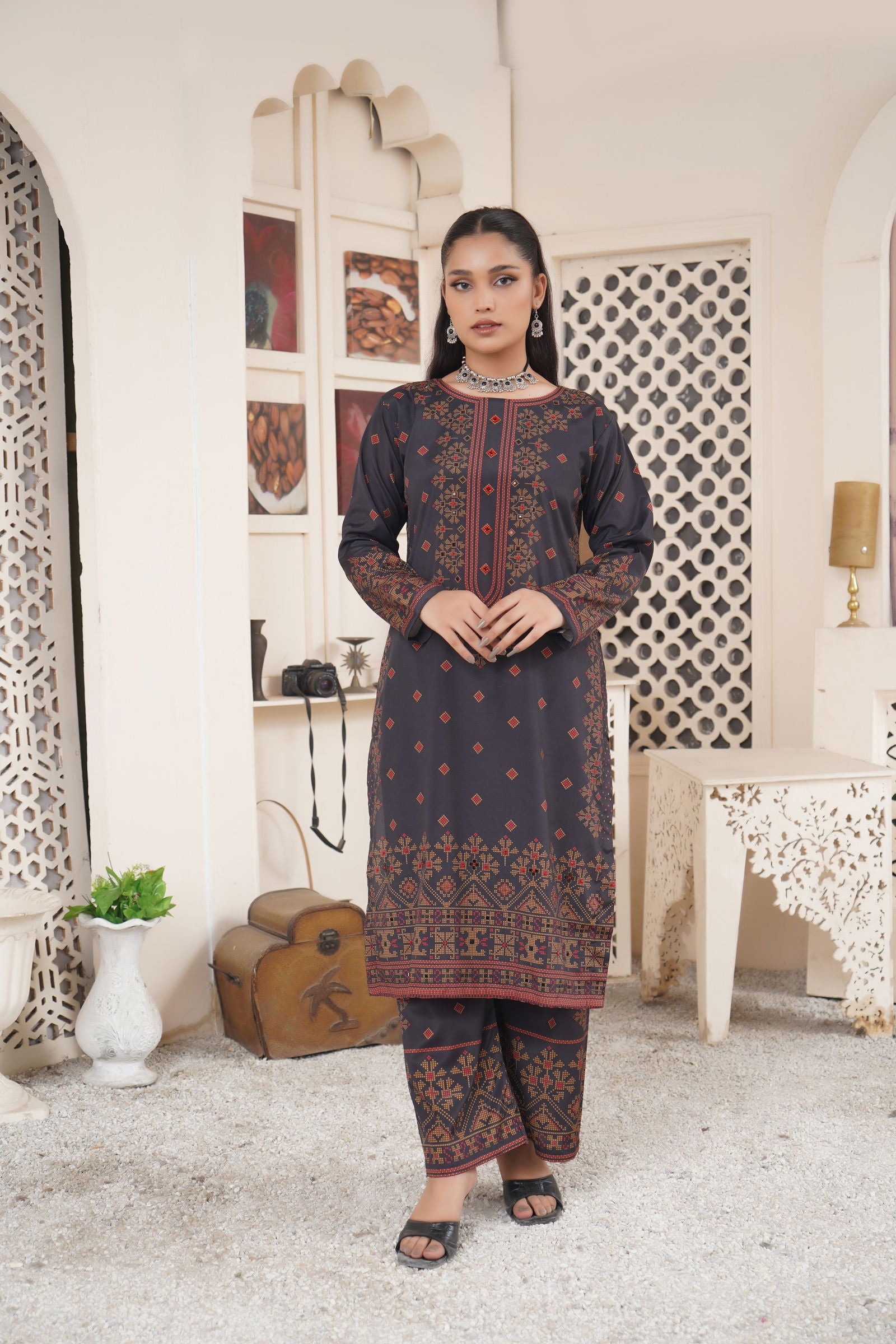 Dark Grey Elegant Black Ethnic Printed 3-Piece Suit Stone Hand Work on Printed Design-142 - sabajeez.com