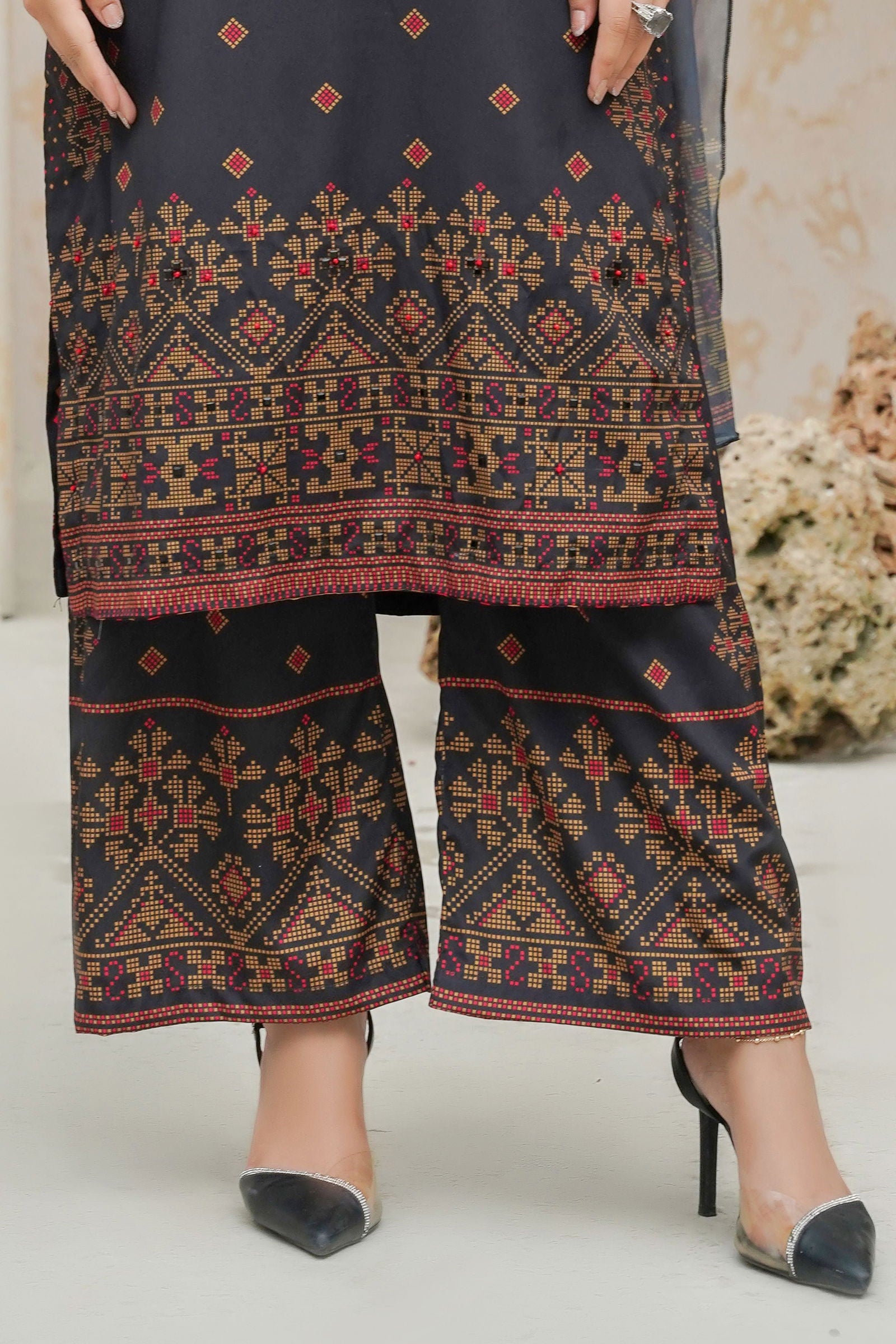 Dark Grey Elegant Black Ethnic Printed 3-Piece Suit Stone Hand Work on Printed Design-142 - sabajeez.com