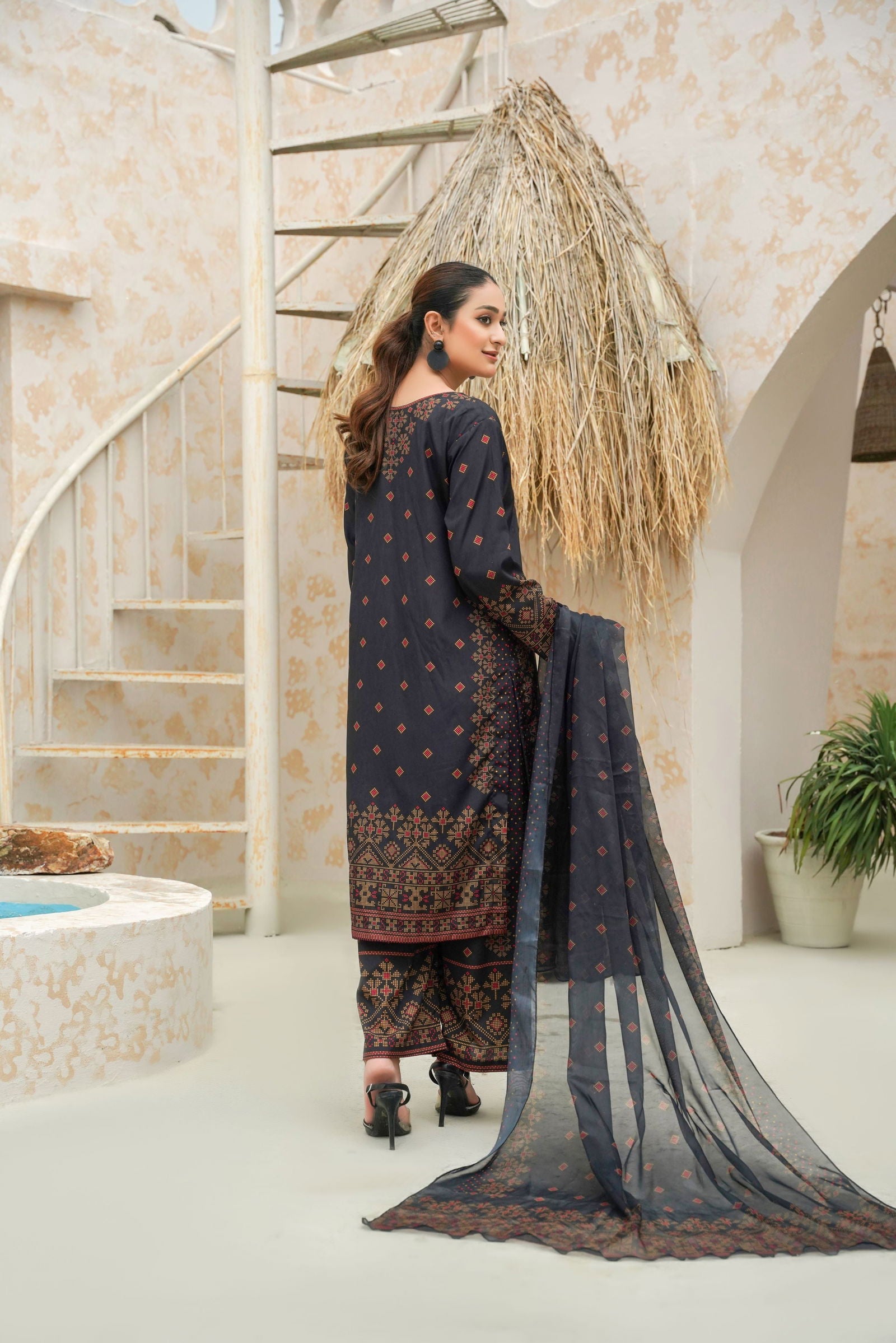 Dark Grey Elegant Black Ethnic Printed 3-Piece Suit Stone Hand Work on Printed Design-142 - sabajeez.com