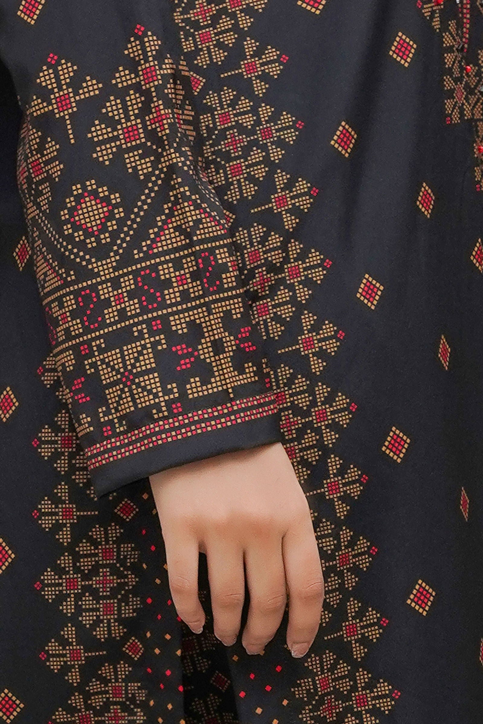 Dark Grey Elegant Black Ethnic Printed 3-Piece Suit Stone Hand Work on Printed Design-142 - sabajeez.com