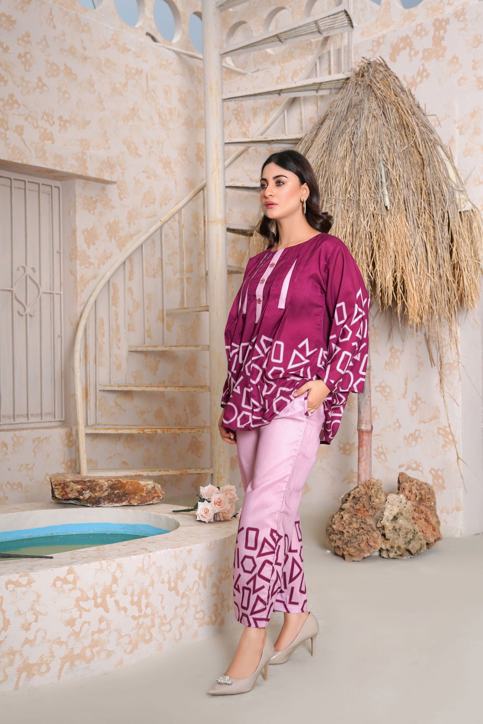 Purple Geometric Print Kurti and Trouser Set - sabajeez.com