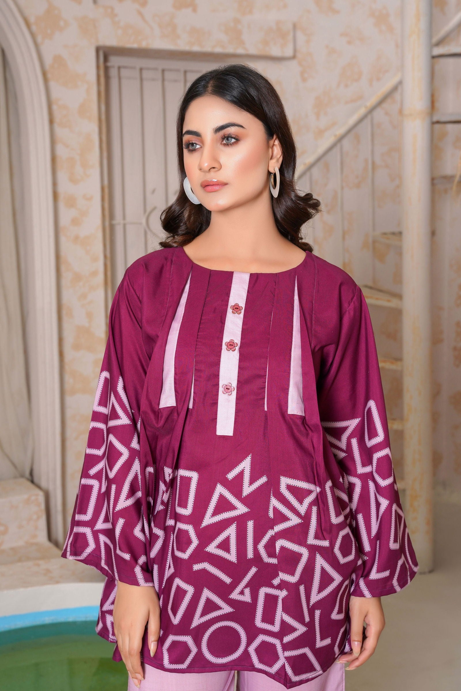 Purple Geometric Print Kurti and Trouser Set - sabajeez.com