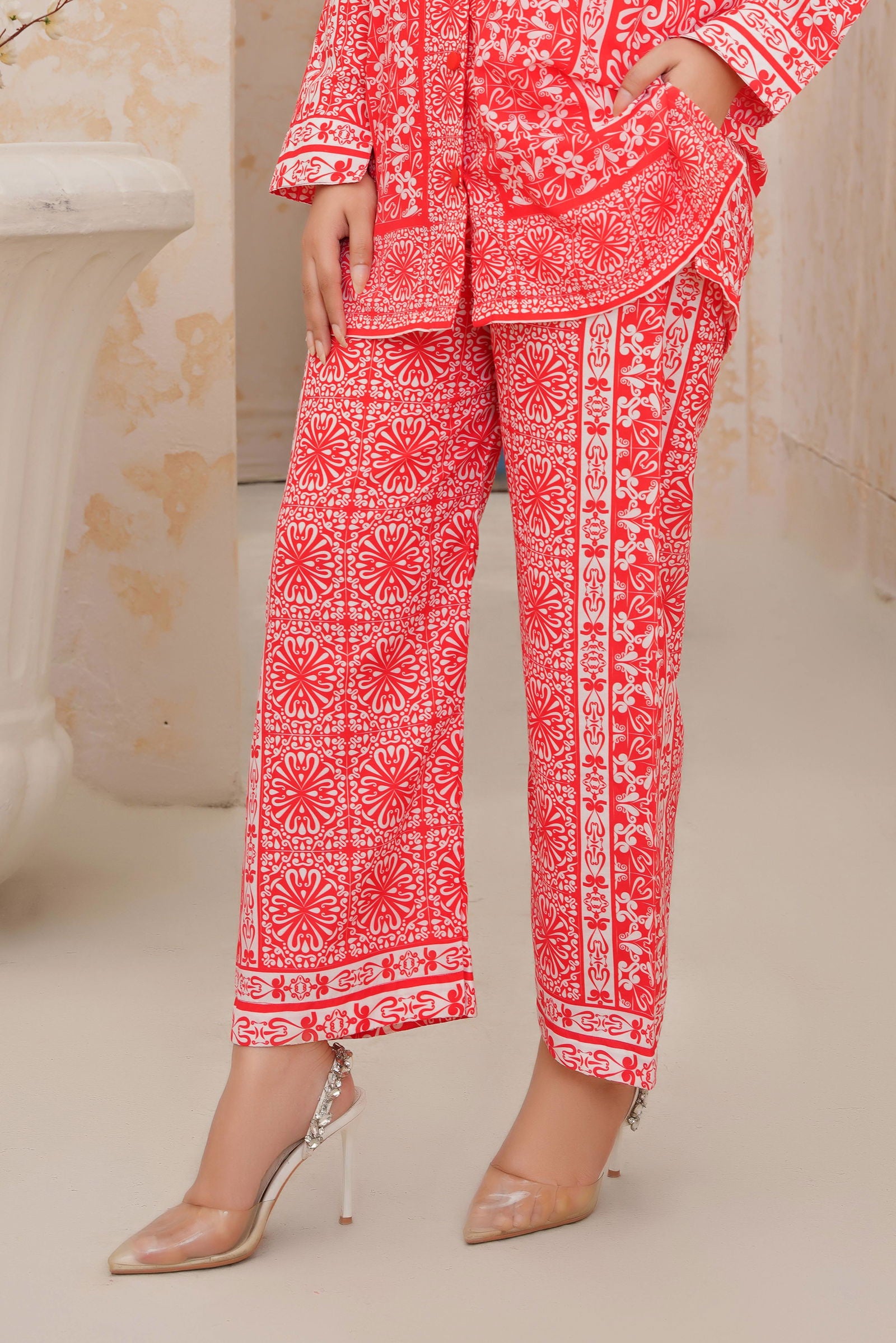 Red Floral Ethnic Print Two-Piece Set -147 - sabajeez.com