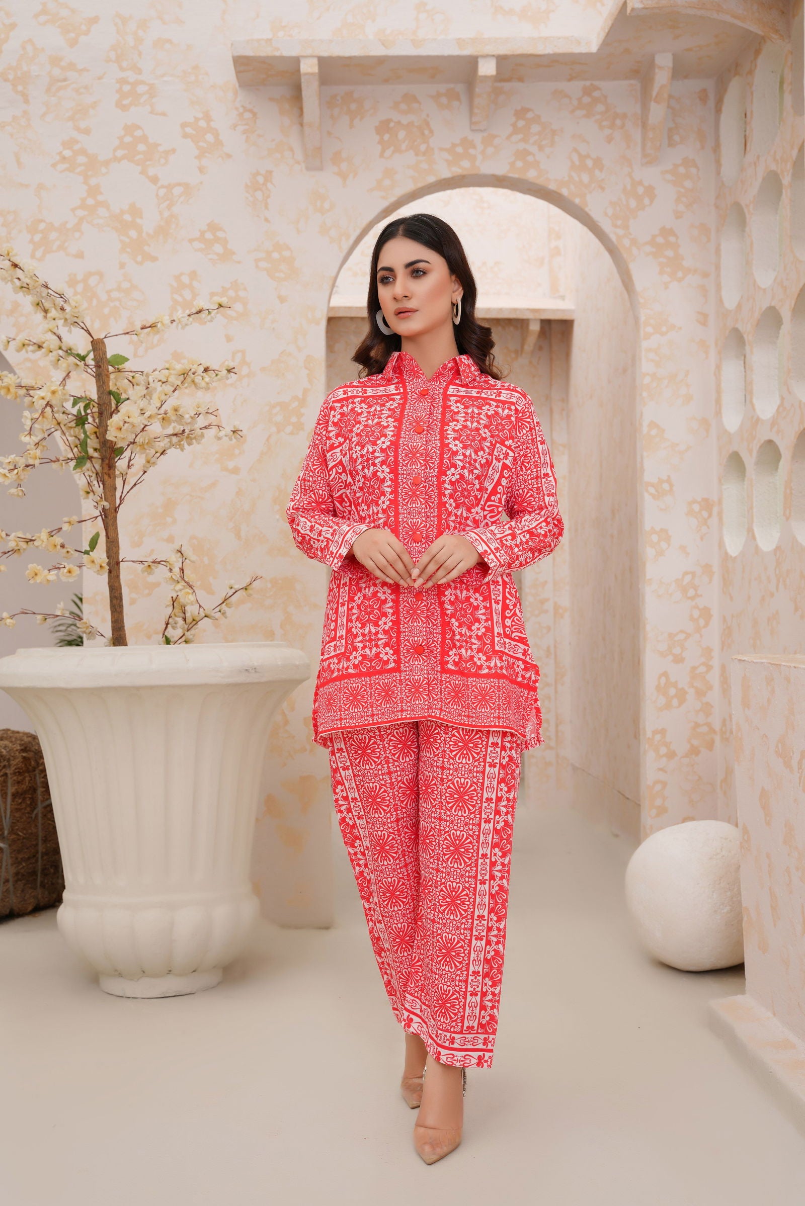 Red Floral Ethnic Print Two-Piece Set -147 - sabajeez.com