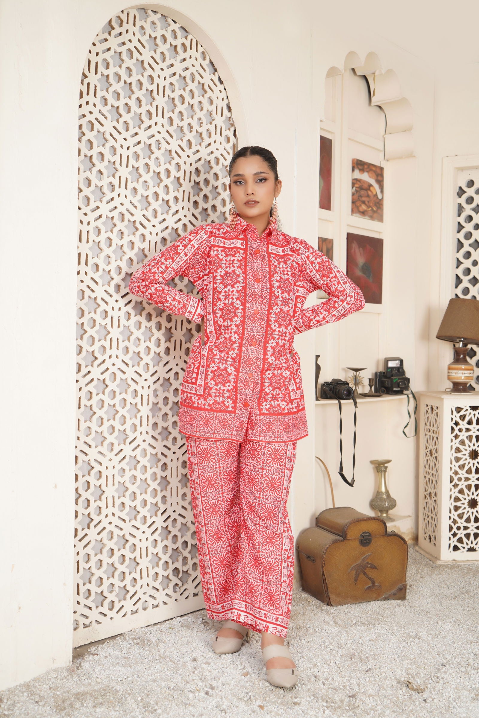 Red Floral Ethnic Print Two-Piece Set -147 - sabajeez.com