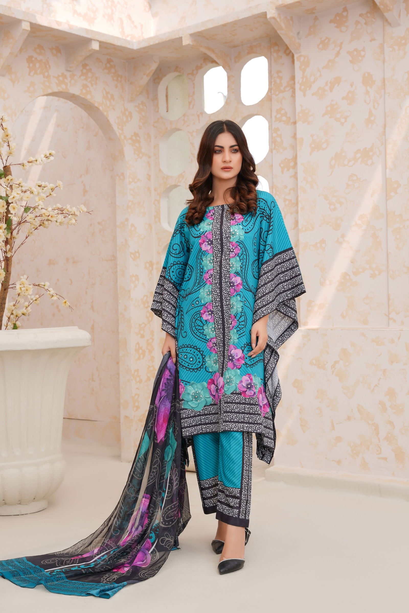 💜 Vibrant Floral Embellished Kaftan Dress - 144 Teal and Purple💜 - sabajeez.com