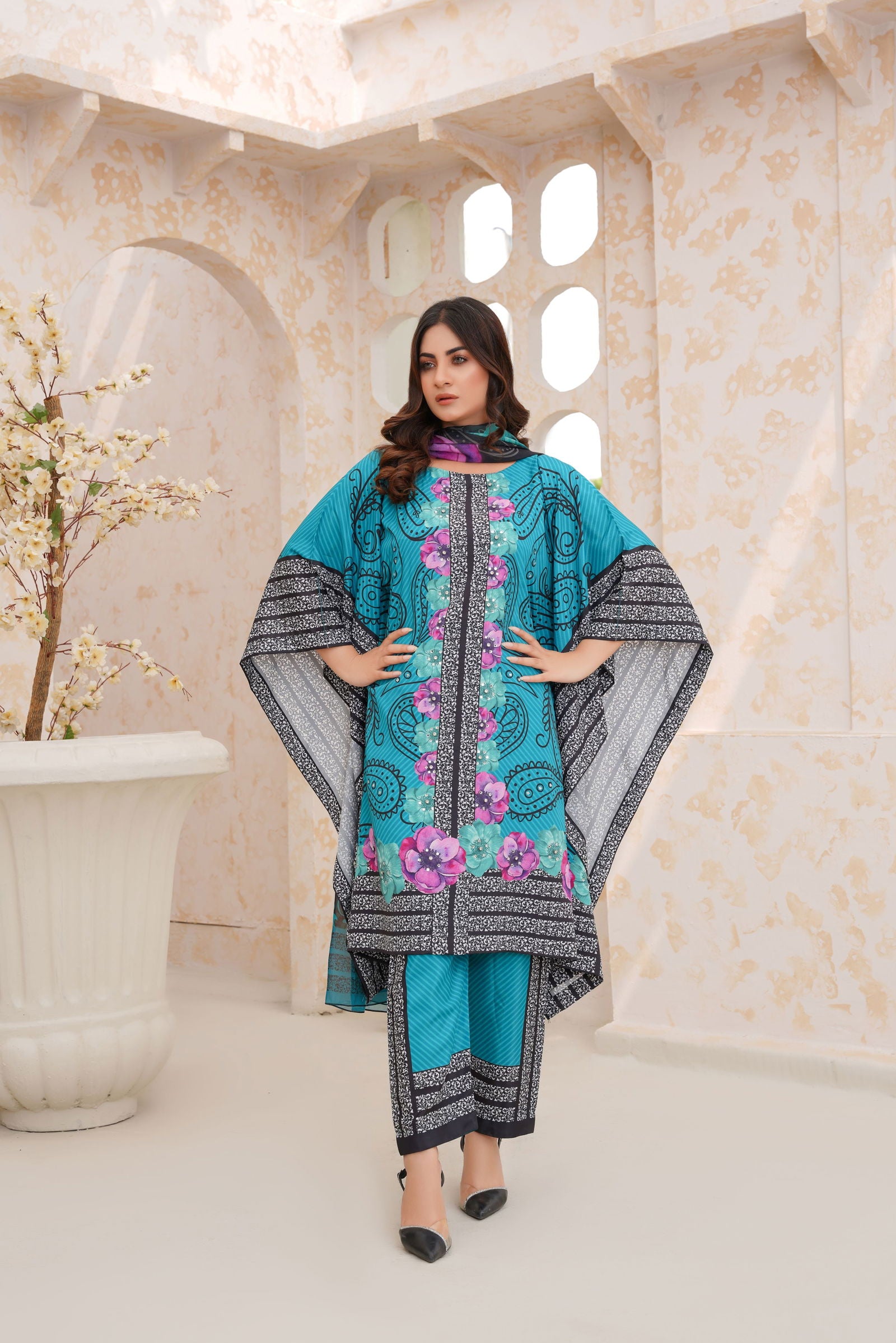 💜 Vibrant Floral Embellished Kaftan Dress - 144 Teal and Purple💜 - sabajeez.com