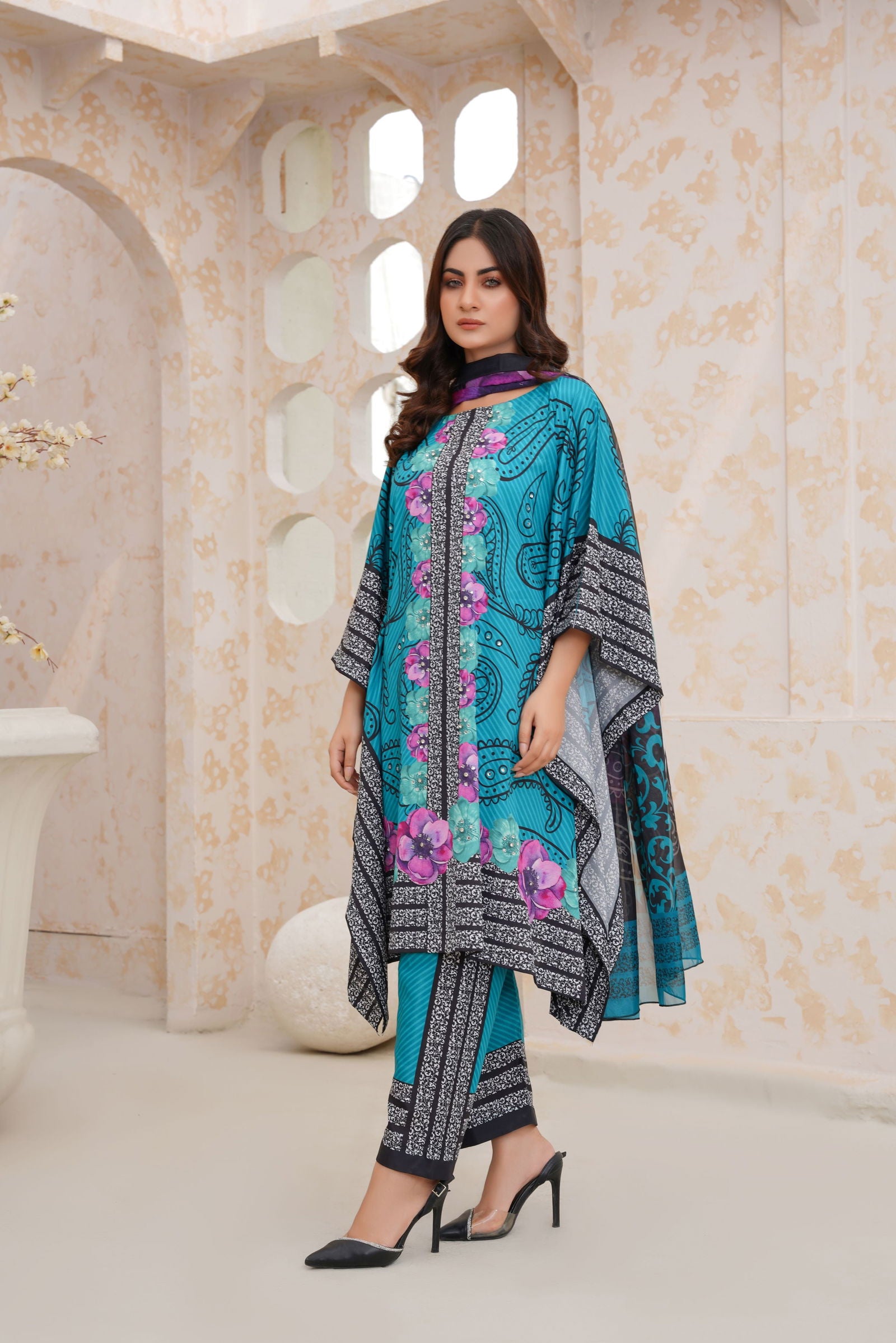 💜 Vibrant Floral Embellished Kaftan Dress - 144 Teal and Purple💜 - sabajeez.com