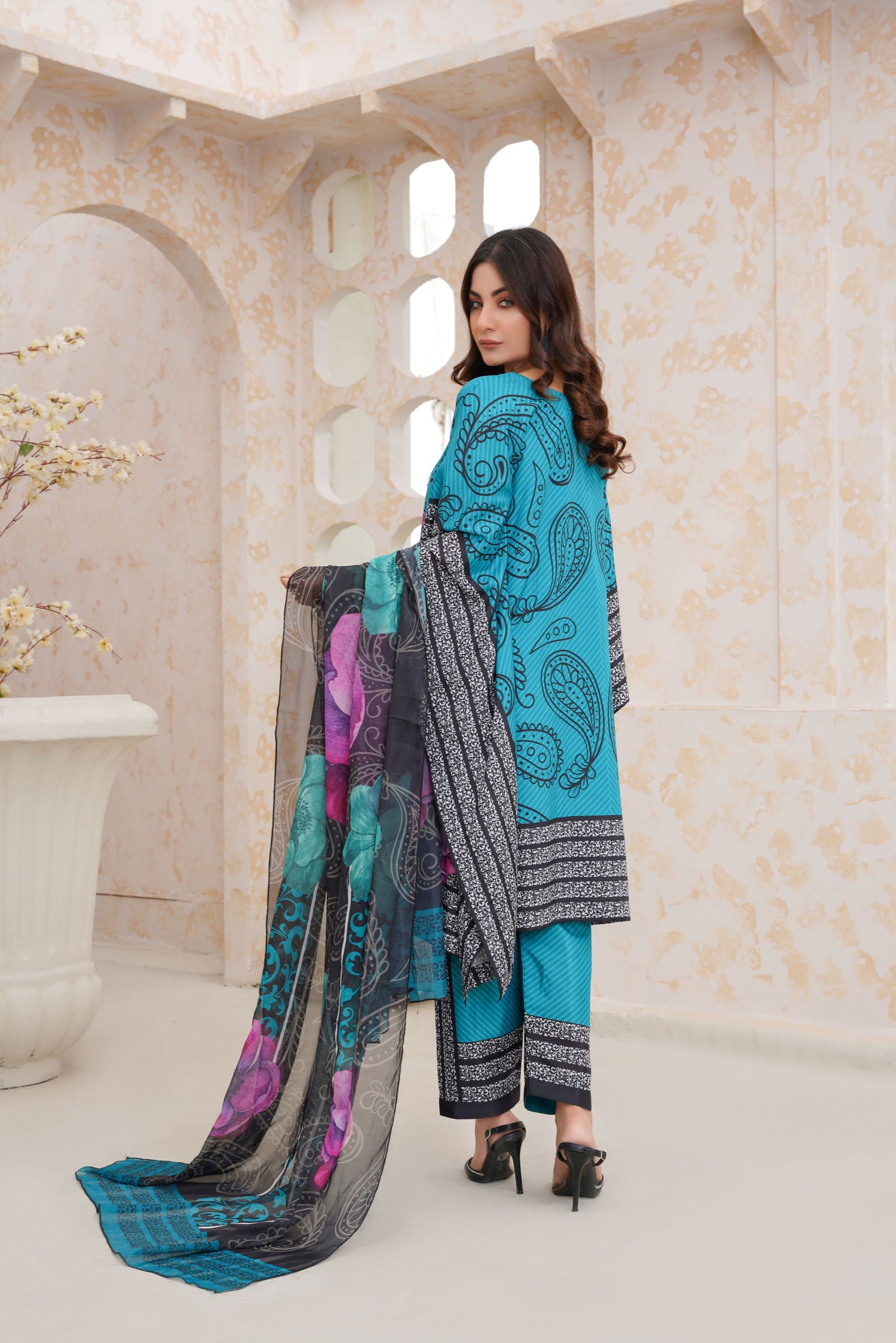 💜 Vibrant Floral Embellished Kaftan Dress - 144 Teal and Purple💜 - sabajeez.com