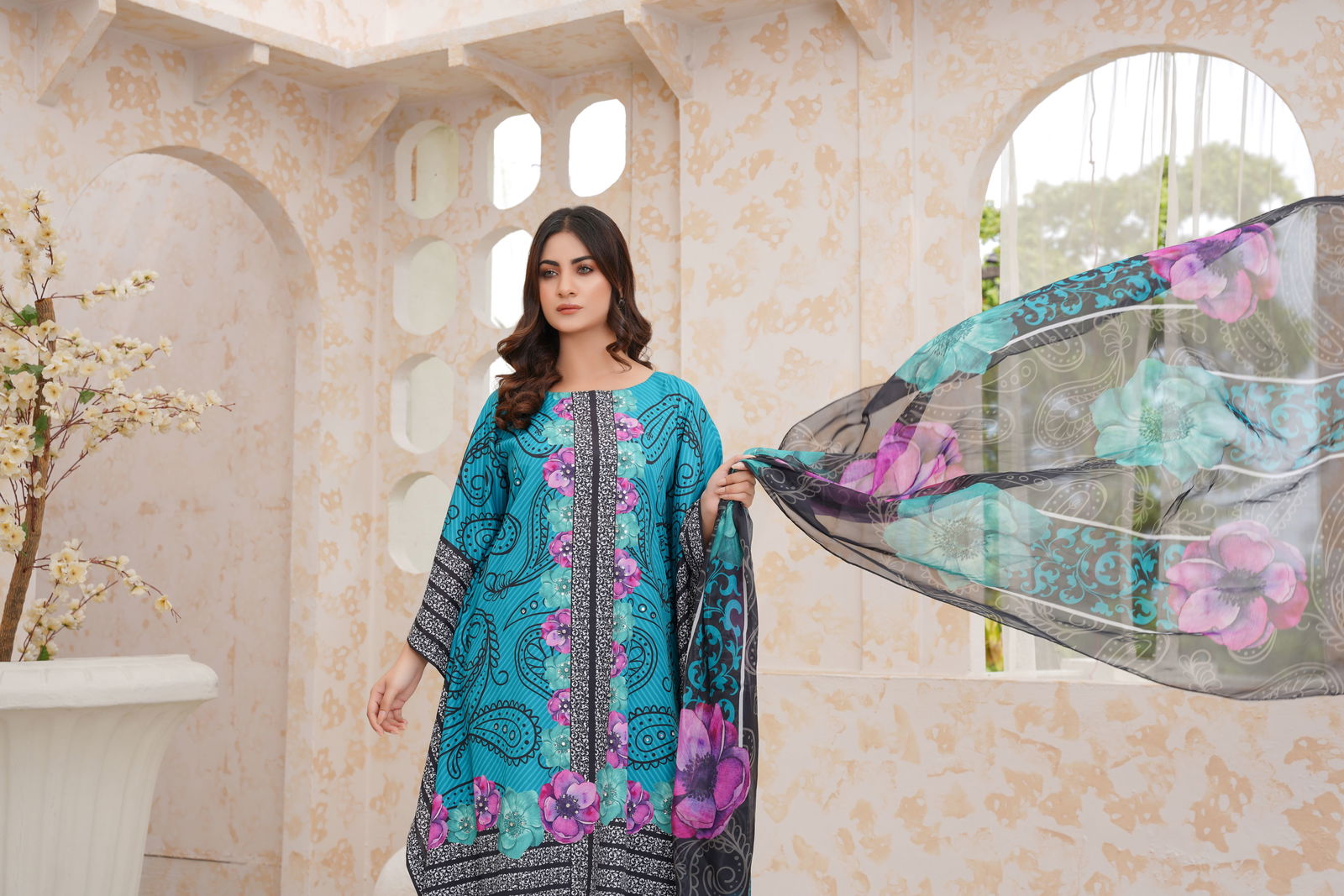 💜 Vibrant Floral Embellished Kaftan Dress - 144 Teal and Purple💜 - sabajeez.com