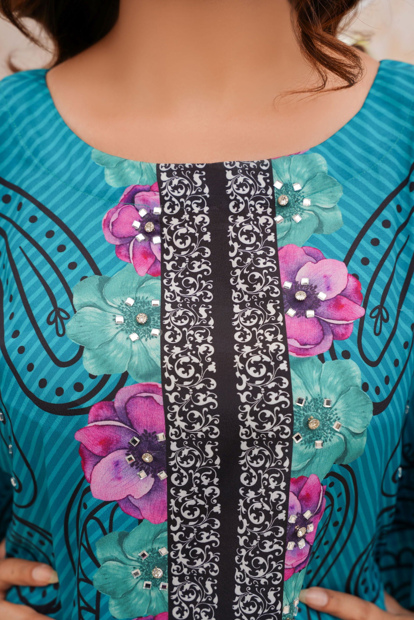 💜 Vibrant Floral Embellished Kaftan Dress - 144 Teal and Purple💜 - sabajeez.com