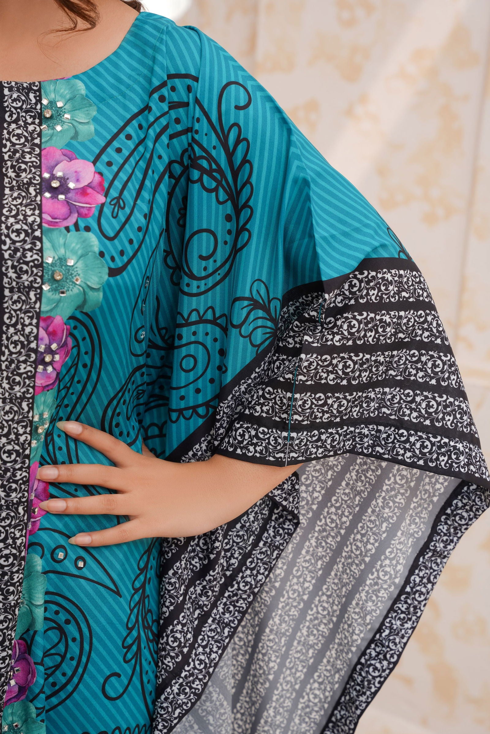 💜 Vibrant Floral Embellished Kaftan Dress - 144 Teal and Purple💜 - sabajeez.com