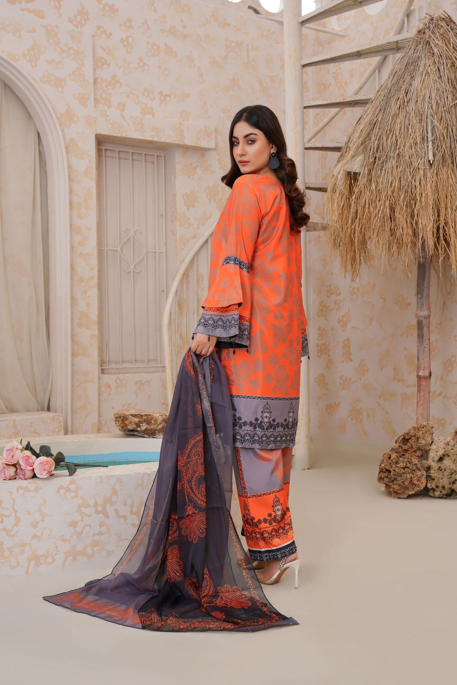 🌸Vibrant Orange & Grey Printed 2-Piece Lawn Suit - sabajeez.com