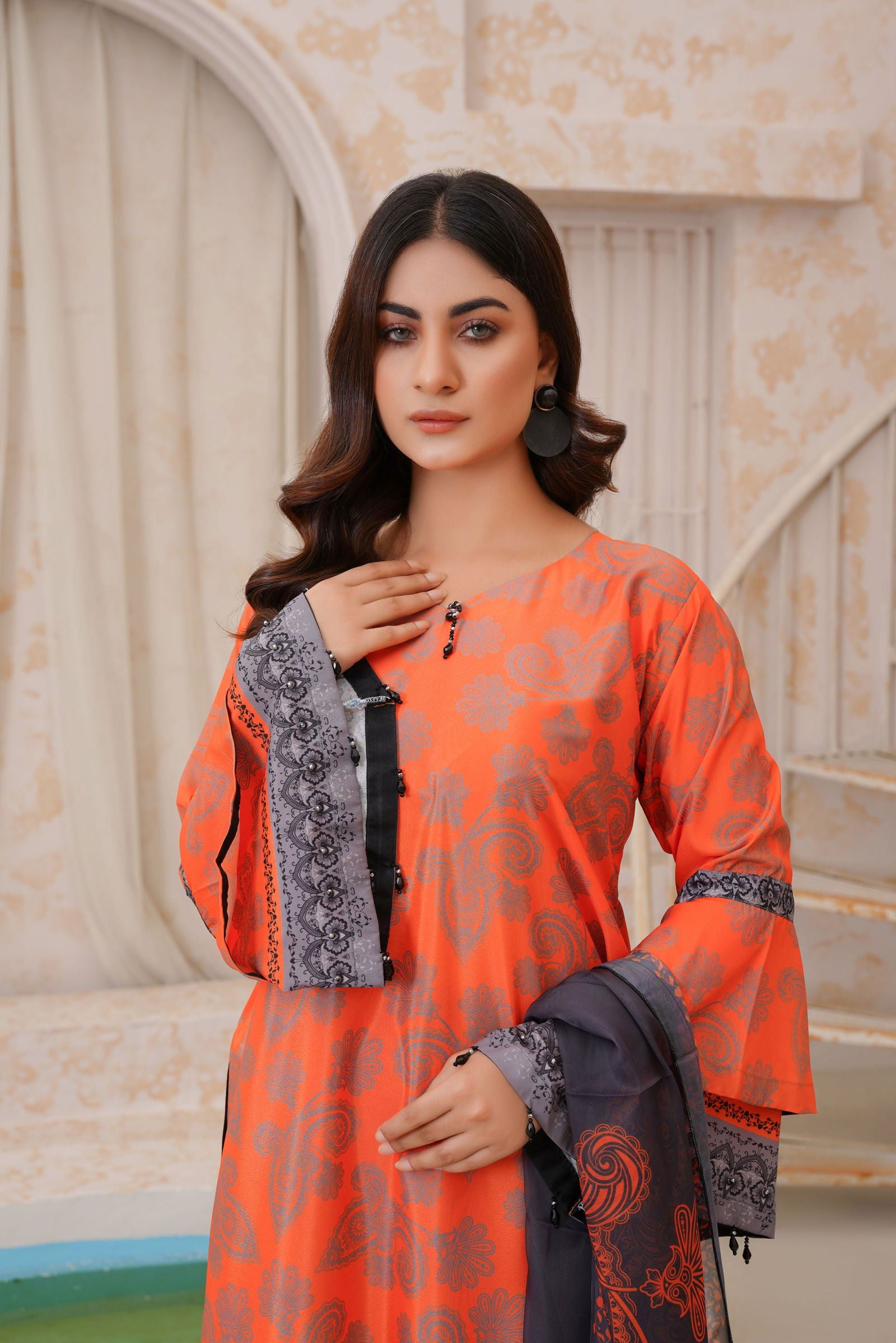 🌸Vibrant Orange & Grey Printed 2-Piece Lawn Suit - sabajeez.com