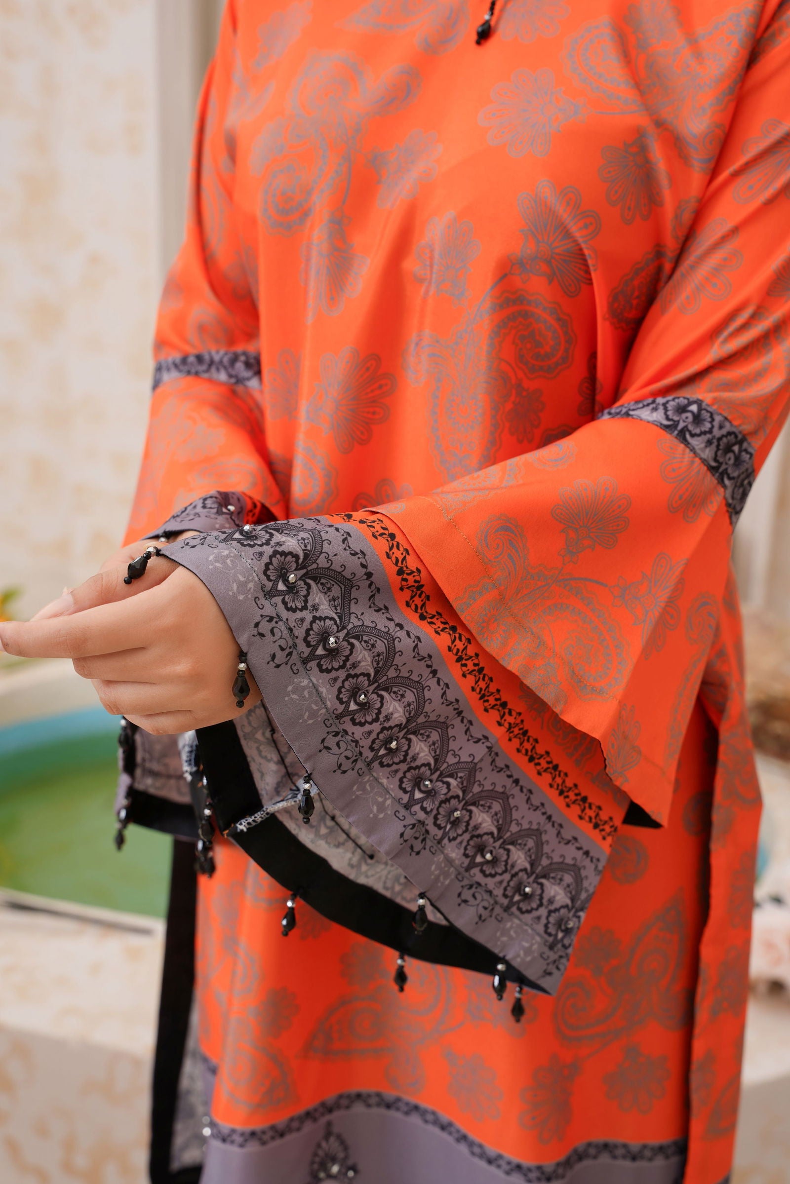 🌸Vibrant Orange & Grey Printed 2-Piece Lawn Suit - sabajeez.com